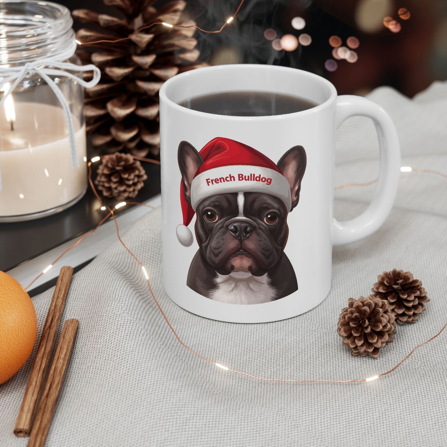 French Bulldog Dog Holiday Portrait Mug – Cute Holiday Coffee Cup, Festive Bulldog Dog Ceramic Mug, Christmas Gift Idea (11oz/15oz)