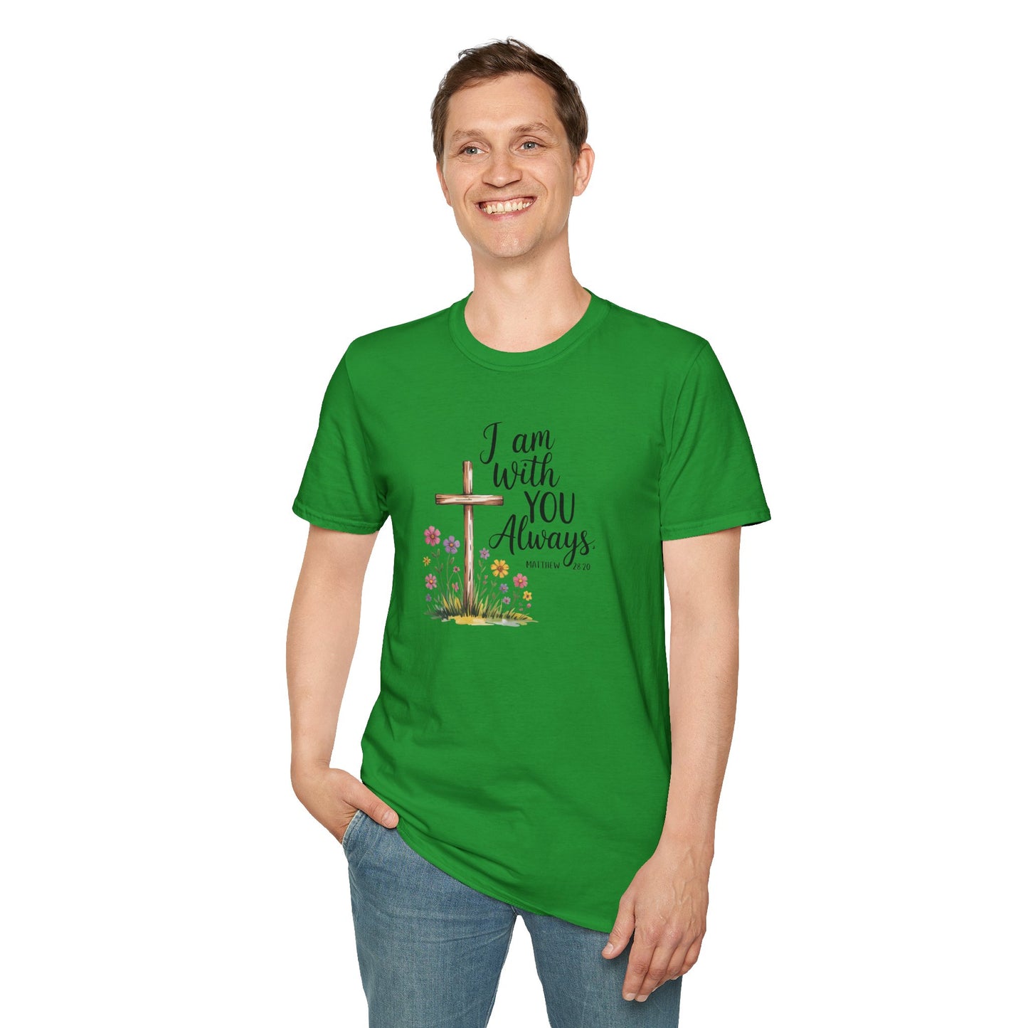 I Am With You Always Christian T-Shirt – Matthew 28:20 Scripture Tee with Cross and Flowers, Faith Inspirational Shirt