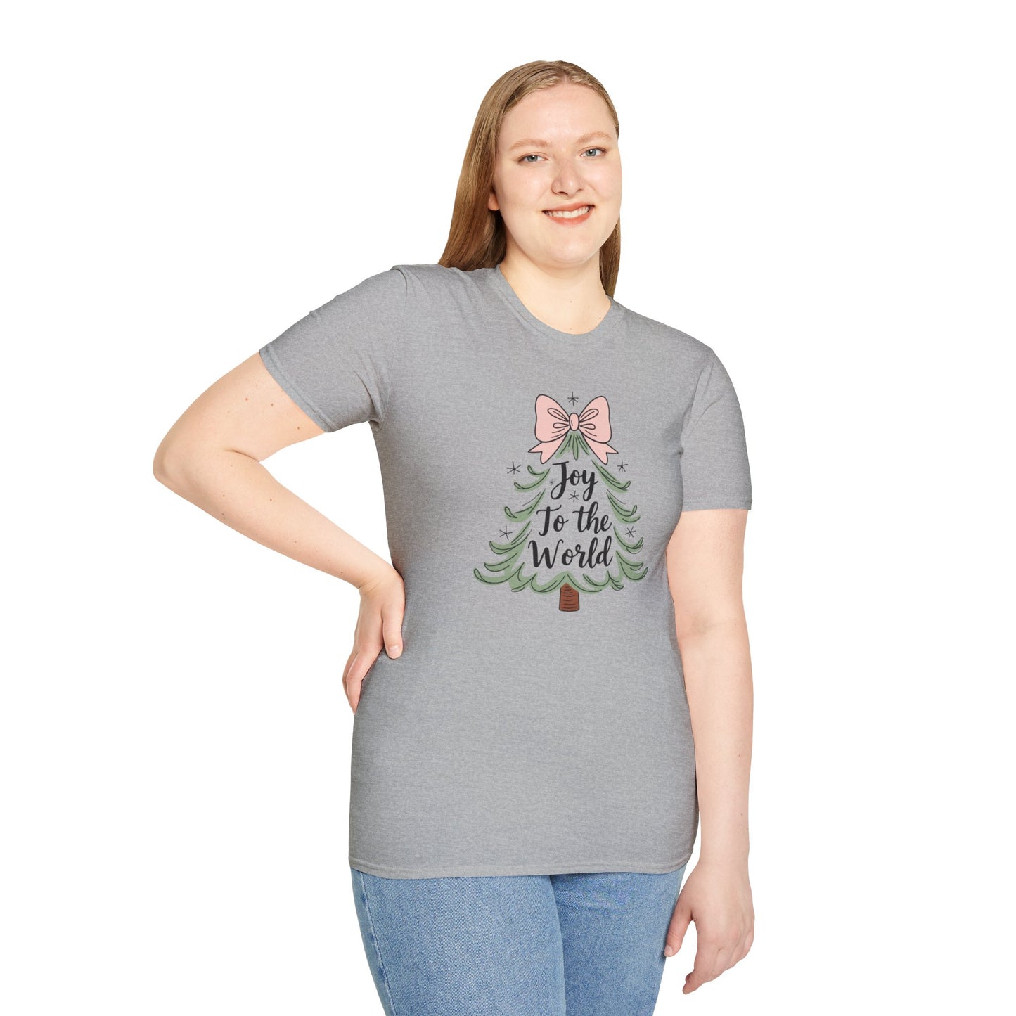 Joy to the World Christmas T-Shirt – Cute Pastel Bow Christmas Tree Tee, Festive Holiday Graphic Shirt for Women
