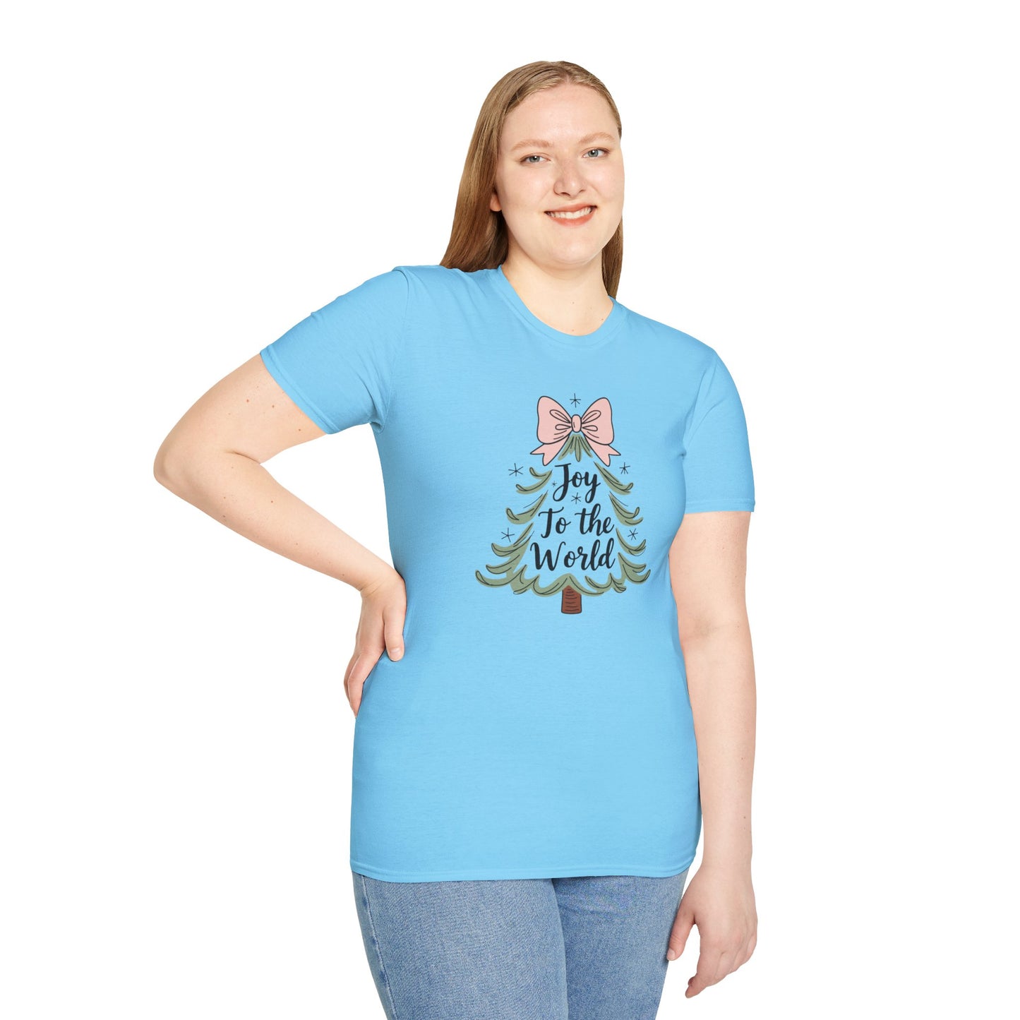 Joy to the World Christmas T-Shirt – Cute Pastel Bow Christmas Tree Tee, Festive Holiday Graphic Shirt for Women