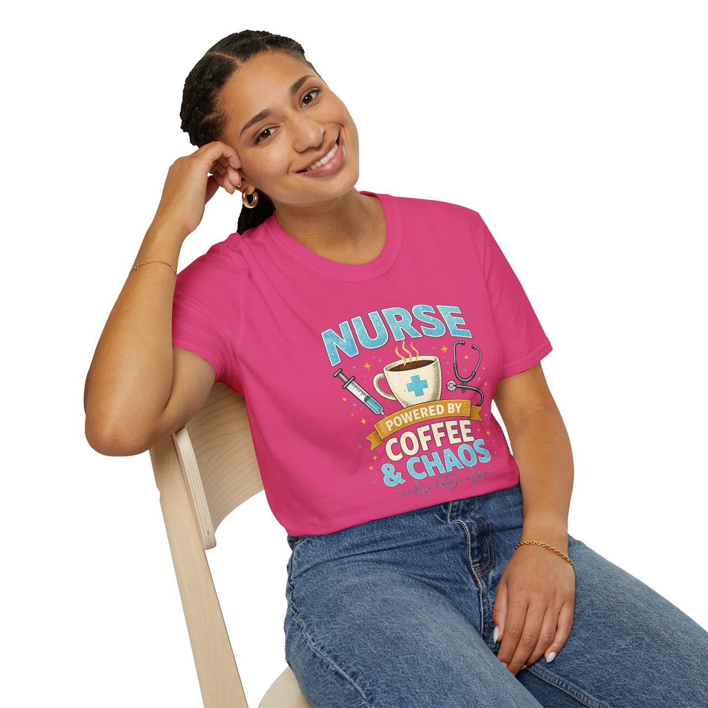 Nurse Powered by Coffee & Chaos Shirt, Funny Nurse Tee, RN CNA Gift, Nurse Life Graphic T-Shirt, Medical Worker Gift, Cute Nursing Shirt for Women Men