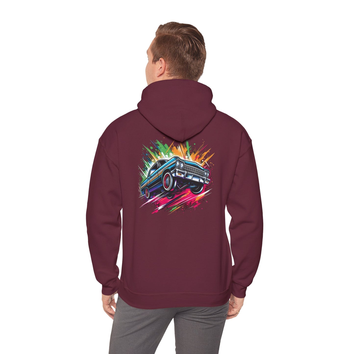 Chevy Impala Hydraulics Lowrider Colorful Drawing Graphic Hoodie - Old School Hip Hop Cholo Art Design - Chicano Car Club Graphic Hoodie