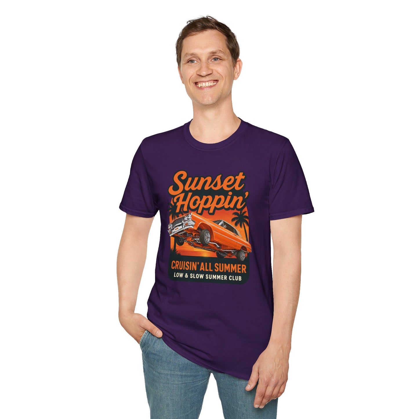 Lowrider Summer Shirt, Sunset Hoppin Tee, Cruisin All Summer Graphic Shirt, Low and Slow Car Tee, Unisex Car Lover Gift