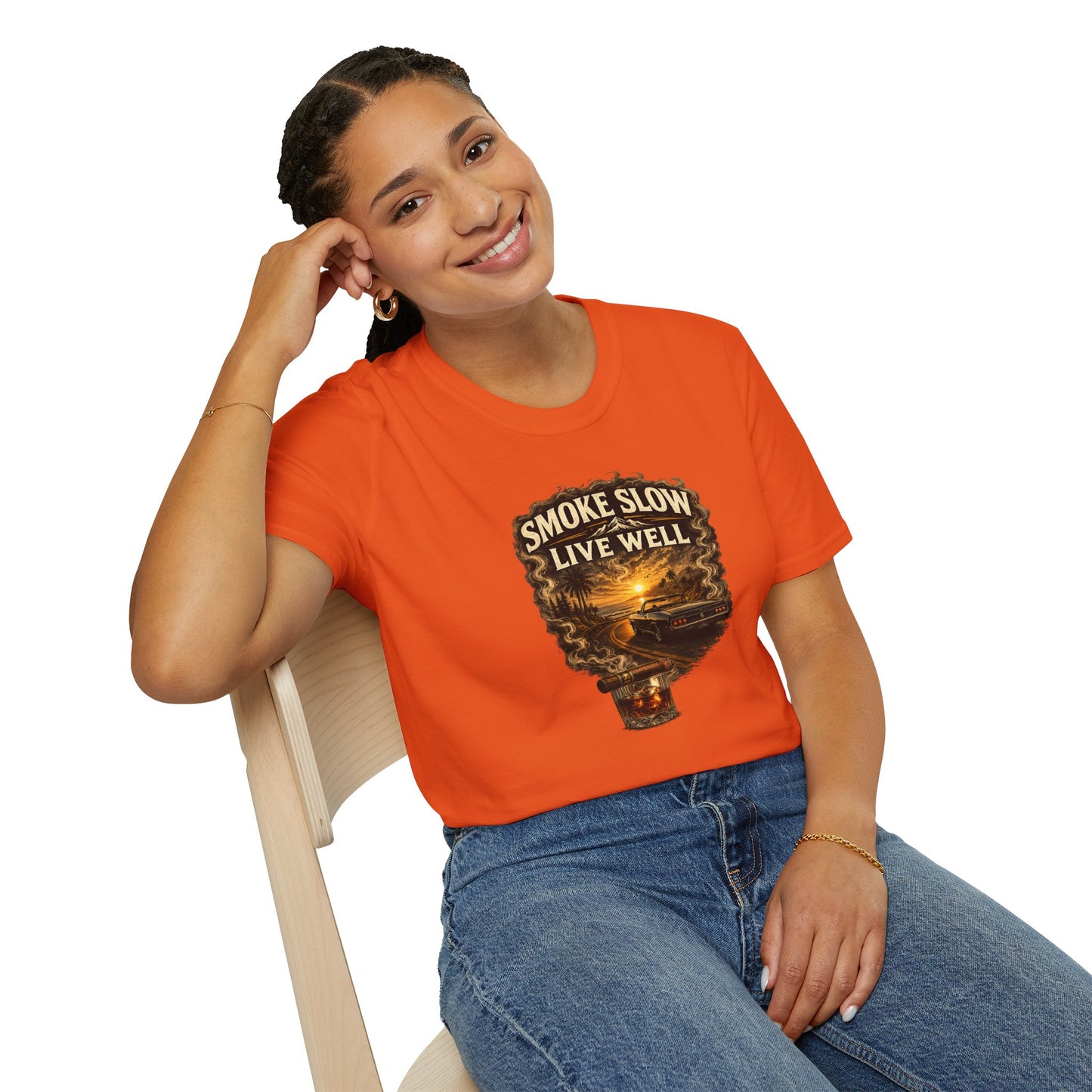 Smoke Slow Live Well Classic Car T-Shirt – Cigar, Whiskey & Sunset Cruise Tee  ⭐ Product Description