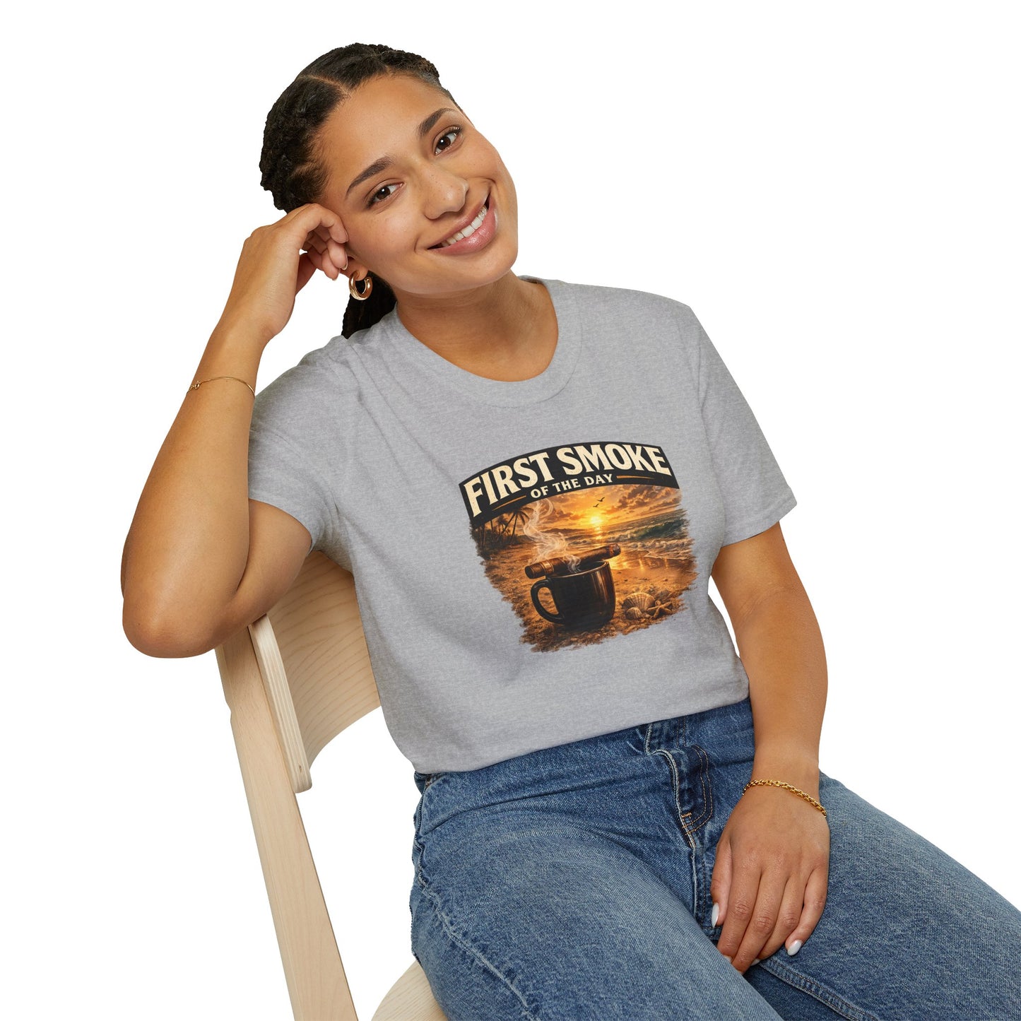 First Smoke of the Day T-Shirt – Cigar & Coffee Beach Sunrise Tee