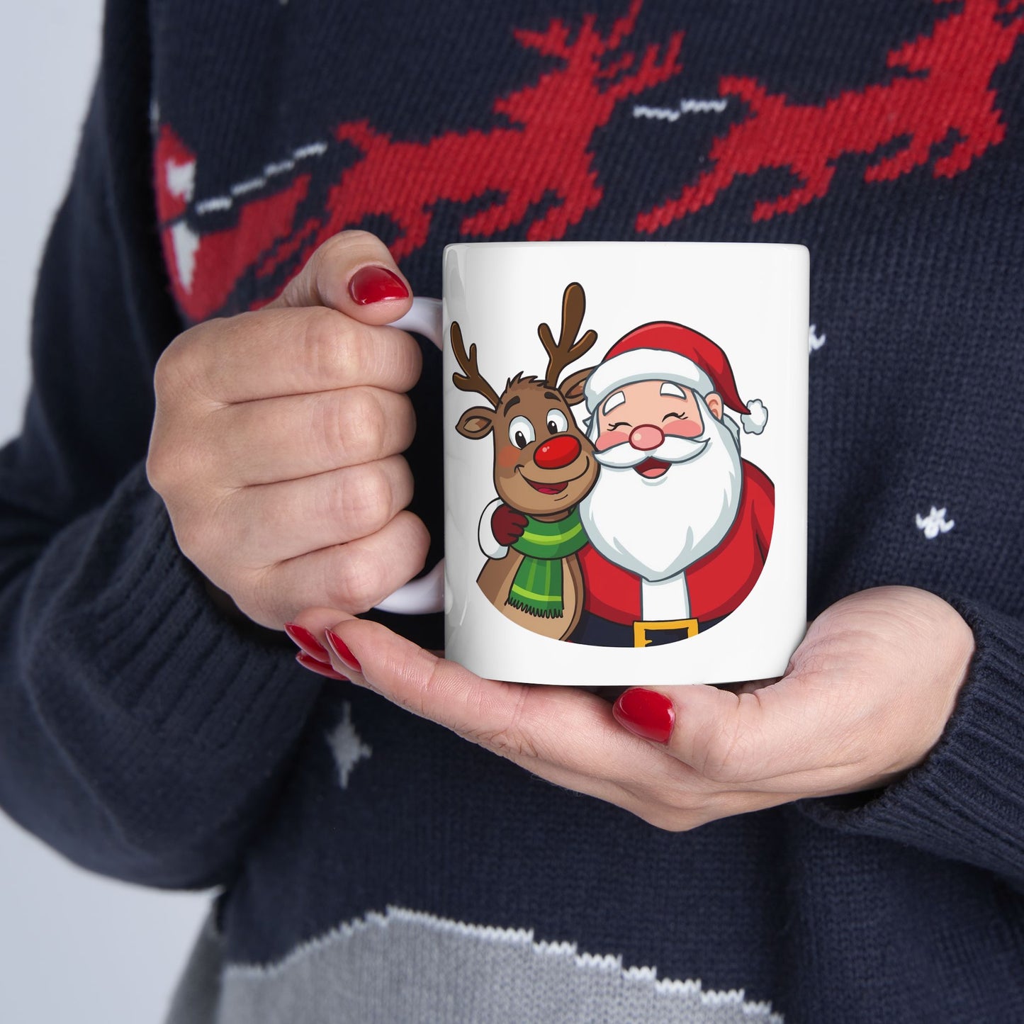 Santa and Rudolph Mug – Cute Holiday Coffee Cup, Festive Santa Ceramic Mug, Christmas Gift Idea (11oz/15oz)