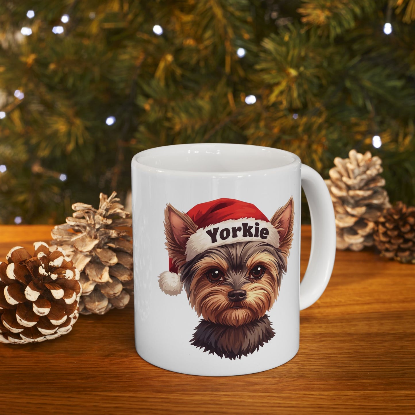 Yorkie Holiday Portrait Mug – Cute Holiday Coffee Cup, Festive Yorkie Ceramic Mug, Christmas Gift Idea (11oz/15oz)