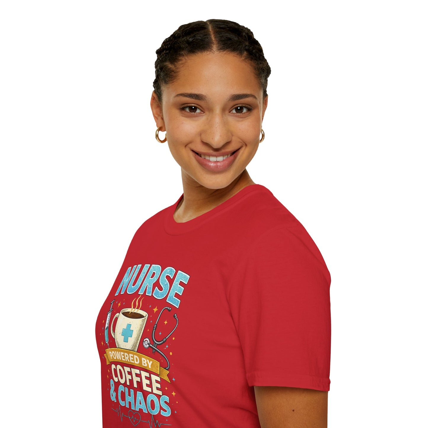 Nurse Powered by Coffee & Chaos Shirt, Funny Nurse Tee, RN CNA Gift, Nurse Life Graphic T-Shirt, Medical Worker Gift, Cute Nursing Shirt for Women Men