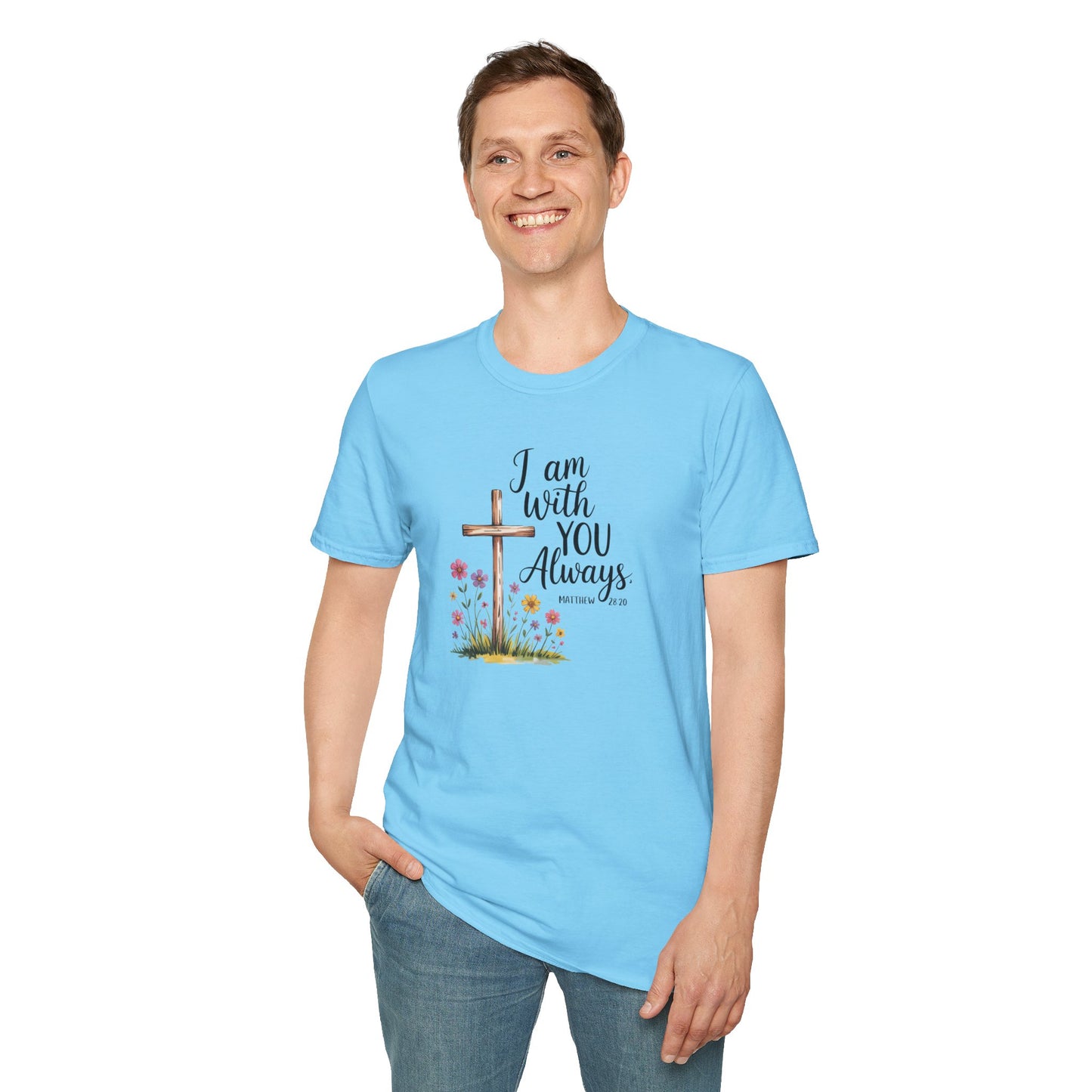I Am With You Always Christian T-Shirt – Matthew 28:20 Scripture Tee with Cross and Flowers, Faith Inspirational Shirt