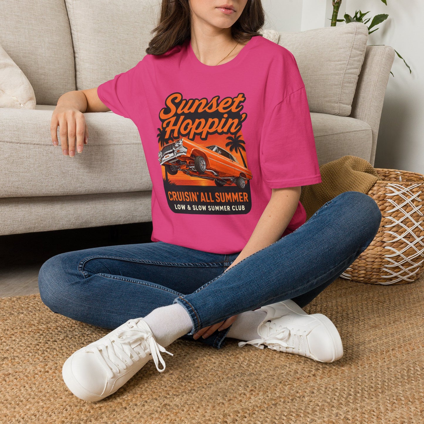 Lowrider Summer Shirt, Sunset Hoppin Tee, Cruisin All Summer Graphic Shirt, Low and Slow Car Tee, Unisex Car Lover Gift