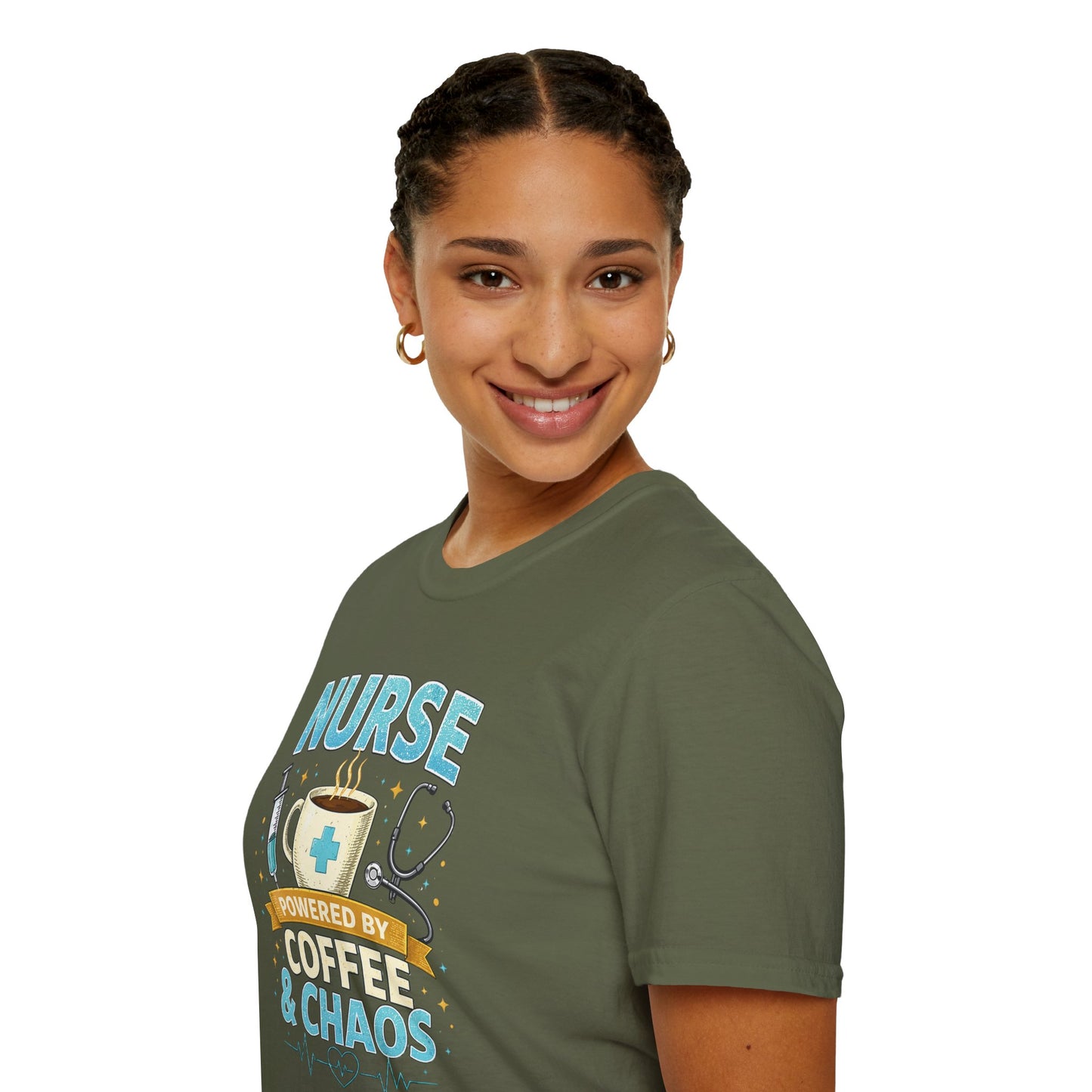 Nurse Powered by Coffee & Chaos Shirt, Funny Nurse Tee, RN CNA Gift, Nurse Life Graphic T-Shirt, Medical Worker Gift, Cute Nursing Shirt for Women Men