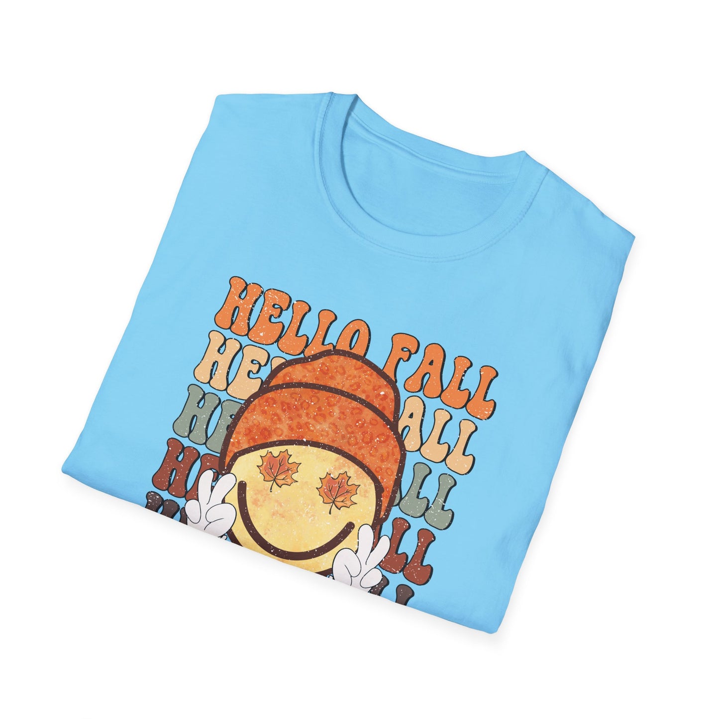 Hello Fall Happy Face Peace T-Shirt, Autumn Graphic Tee, Relaxing Casual Top, Seasonal Clothing, Thanksgiving Tee, Friendsgiving gift