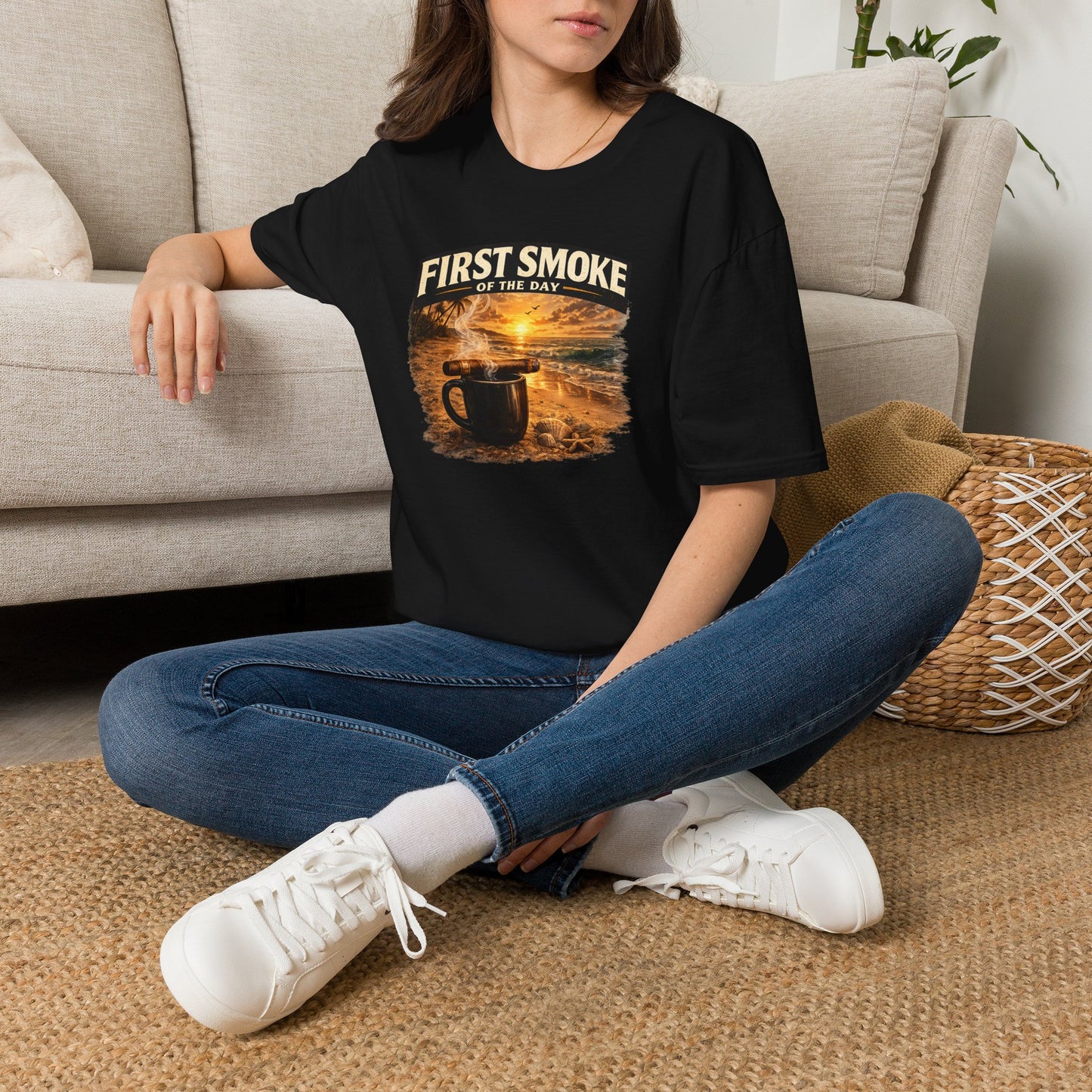 First Smoke of the Day T-Shirt – Cigar & Coffee Beach Sunrise Tee
