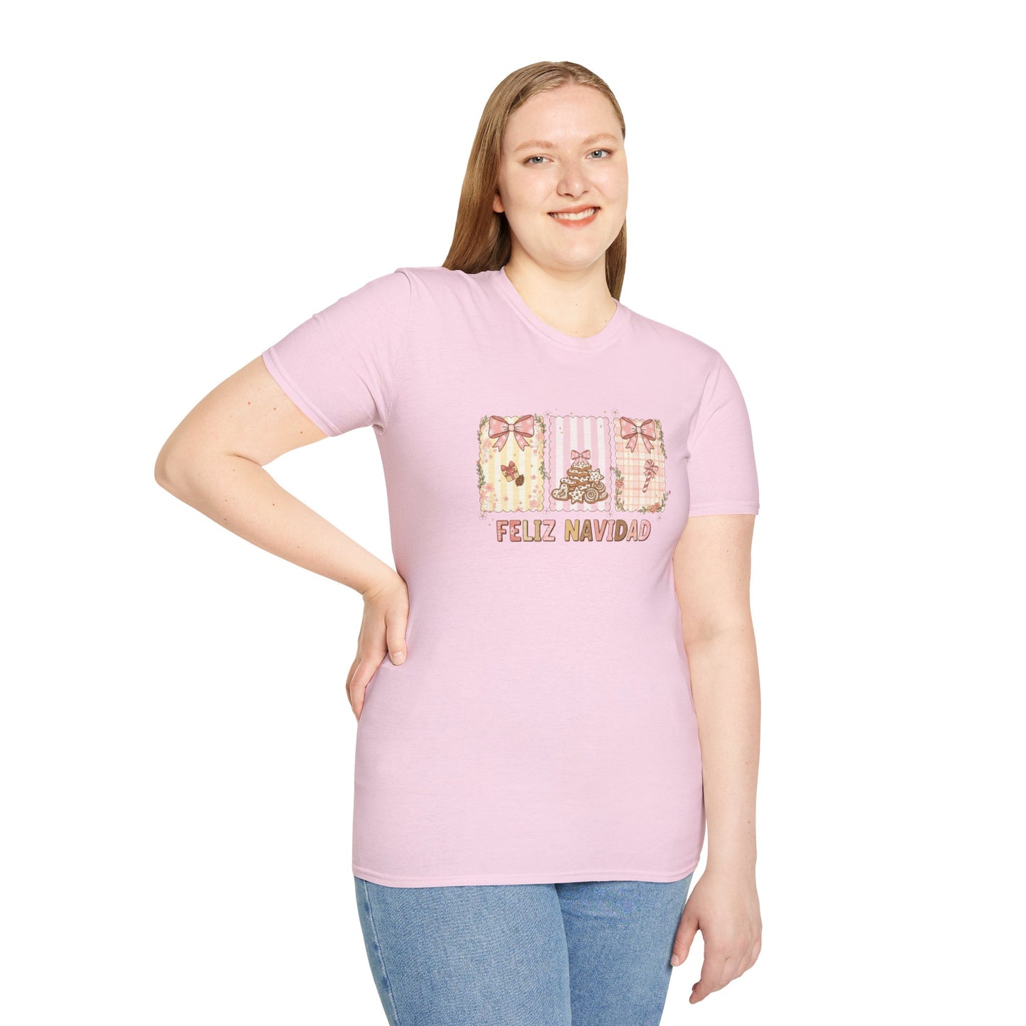 Feliz Navidad Christmas T-Shirt – Cute Pastel Holiday Tee with Bows & Gingerbread Design, Festive Spanish Christmas Shirt