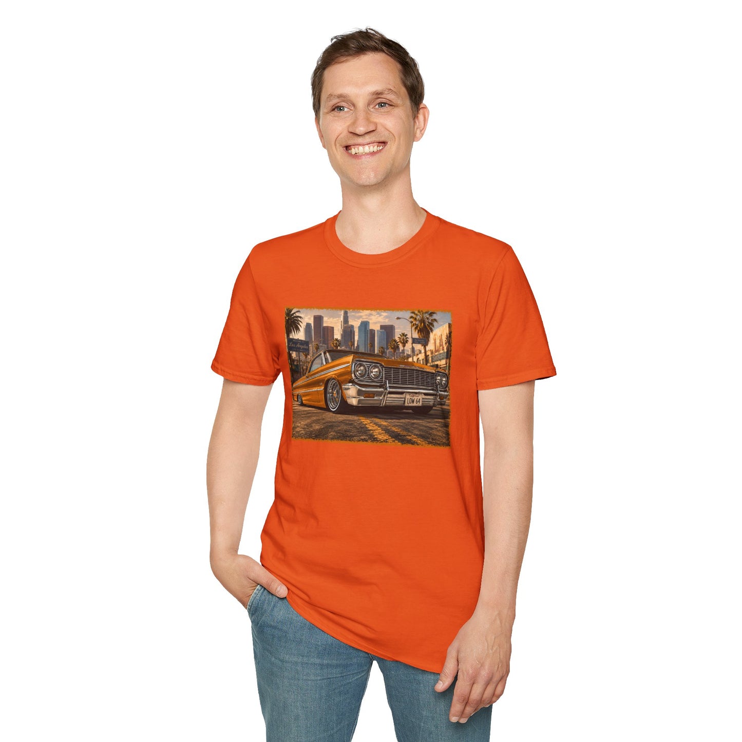 Los Angeles Lowrider T-Shirt, Orange Classic Car Graphic Tee, 1964 Style Car Shirt for Car Lovers