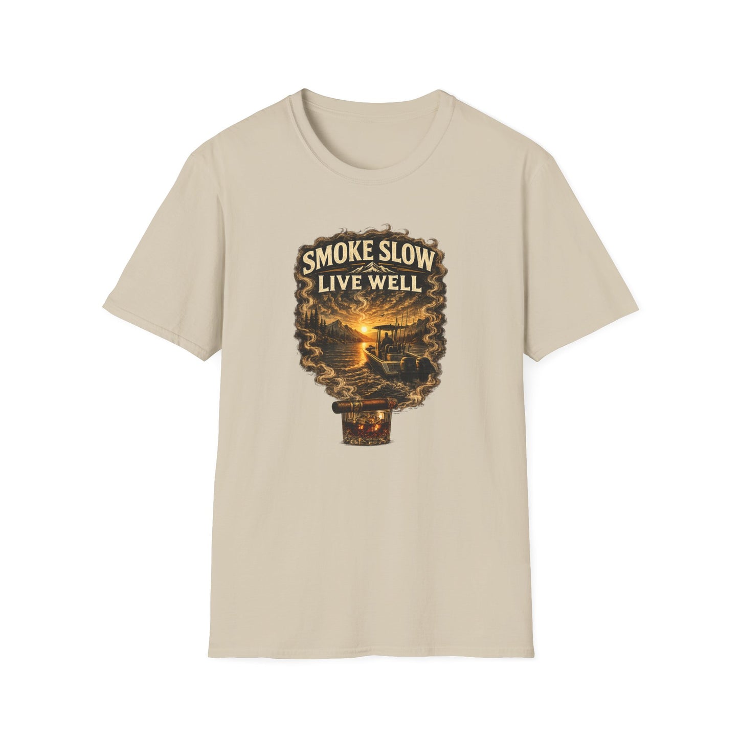 Smoke Slow Live Well Cigar T-Shirt – Whiskey & Outdoor Boating Lifestyle Cigar Tee