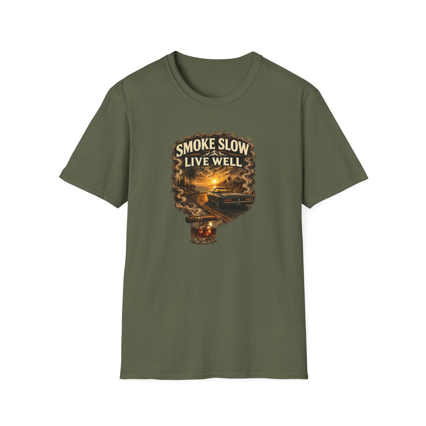 Smoke Slow Live Well Classic Car T-Shirt – Cigar, Whiskey & Sunset Cruise Tee  ⭐ Product Description