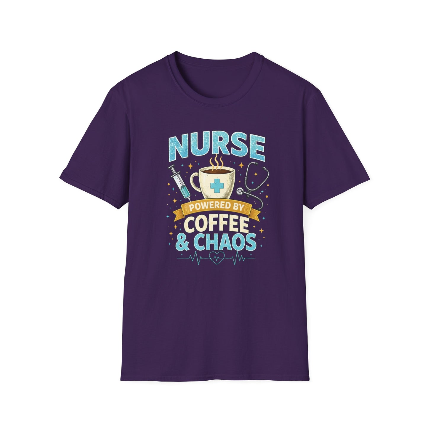 Nurse Powered by Coffee & Chaos Shirt, Funny Nurse Tee, RN CNA Gift, Nurse Life Graphic T-Shirt, Medical Worker Gift, Cute Nursing Shirt for Women Men