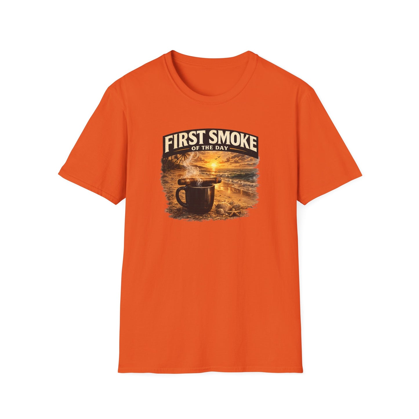 First Smoke of the Day T-Shirt – Cigar & Coffee Beach Sunrise Tee