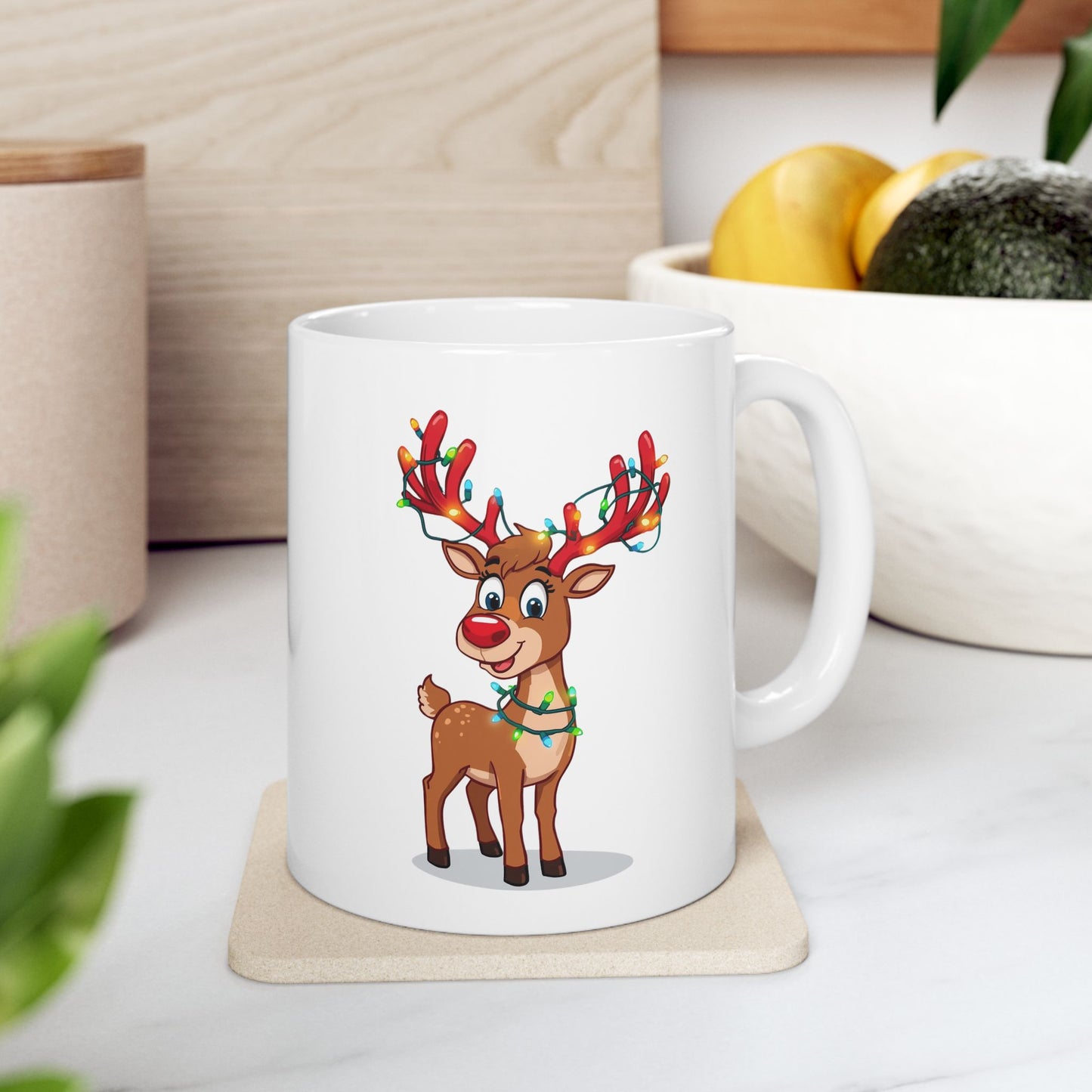 Reindeer Christmas Lights Mug – Cute Holiday Coffee Cup, Festive Reindeer Ceramic Mug, Christmas Gift Idea (11oz/15oz)