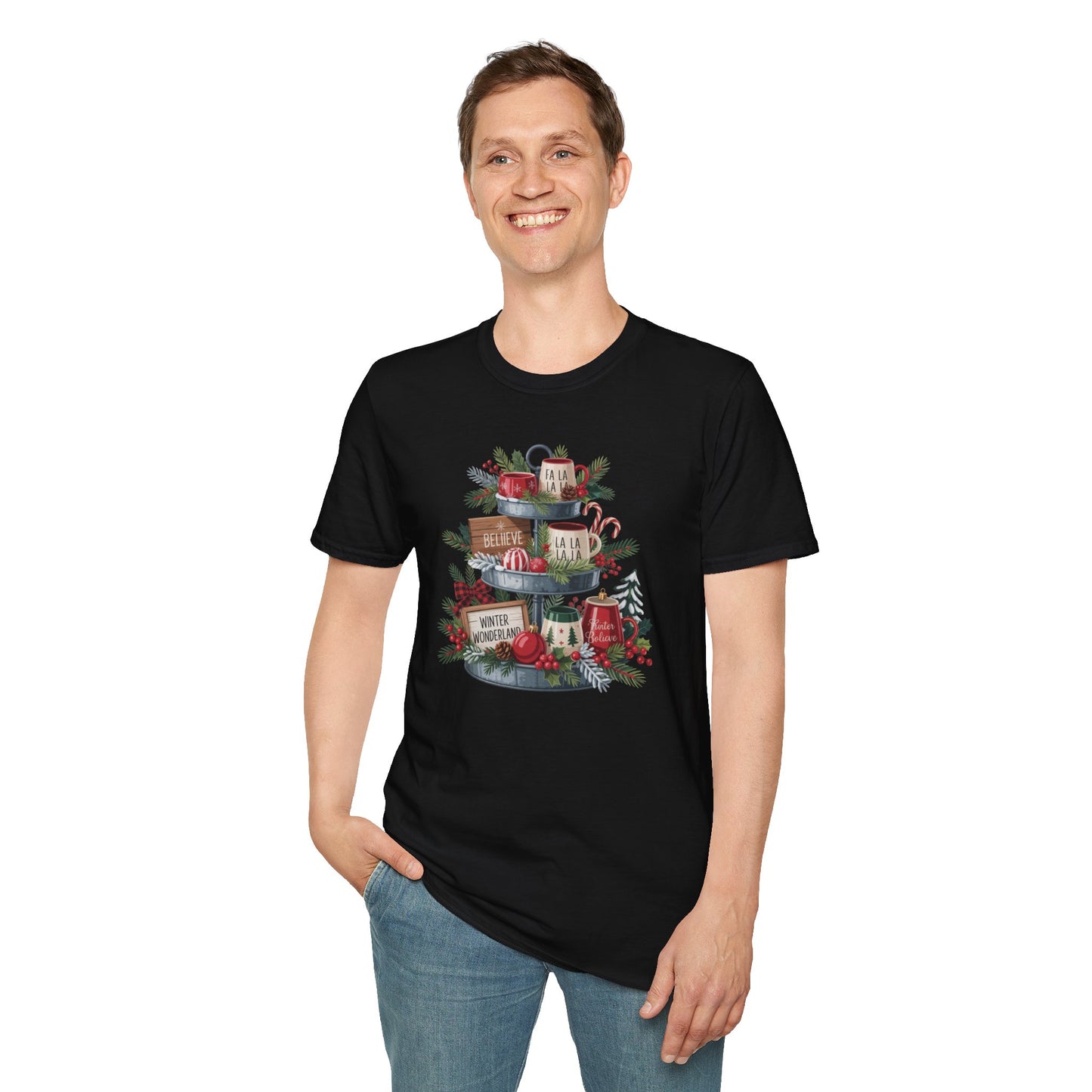 Christmas Mug Stack T-Shirt – Festive Holiday Tiered Tray Shirt with Fa La La Winter Wonderland Graphic Tee