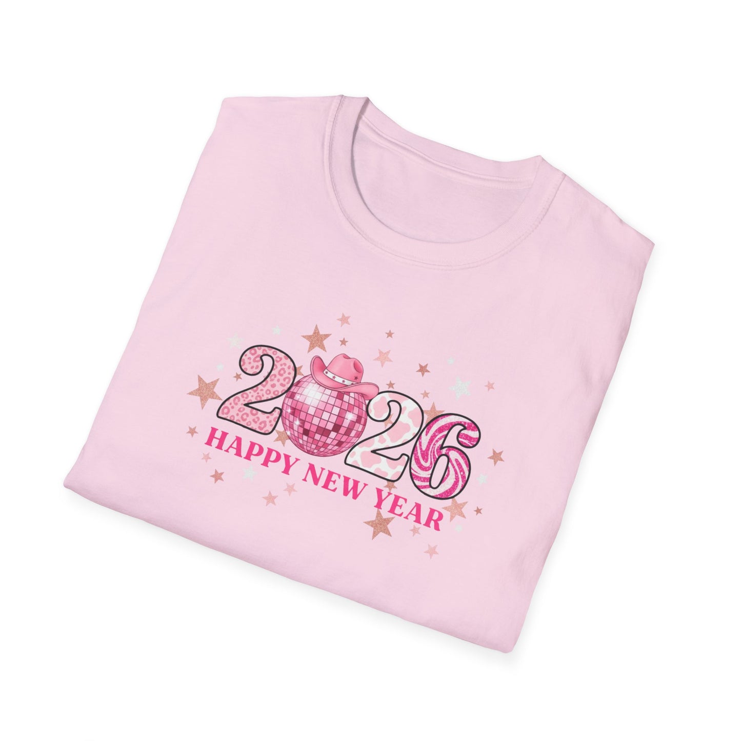 Happy New Year 2026 Pink Disco Cowgirl T-Shirt – Western New Year Shirt, Cute Pink 2026 Tee with Cowboy Hat & Stars, NYE Party Graphic Top