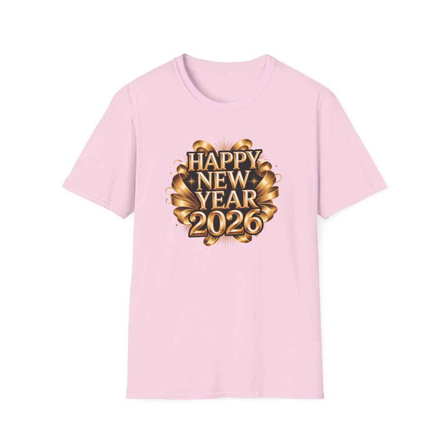 Happy New Year 2026 T-Shirt – Gold Metallic New Year Shirt, Luxury 2026 NYE Celebration Tee with Ribbon Design, Elegant New Year’s Eve Party Top