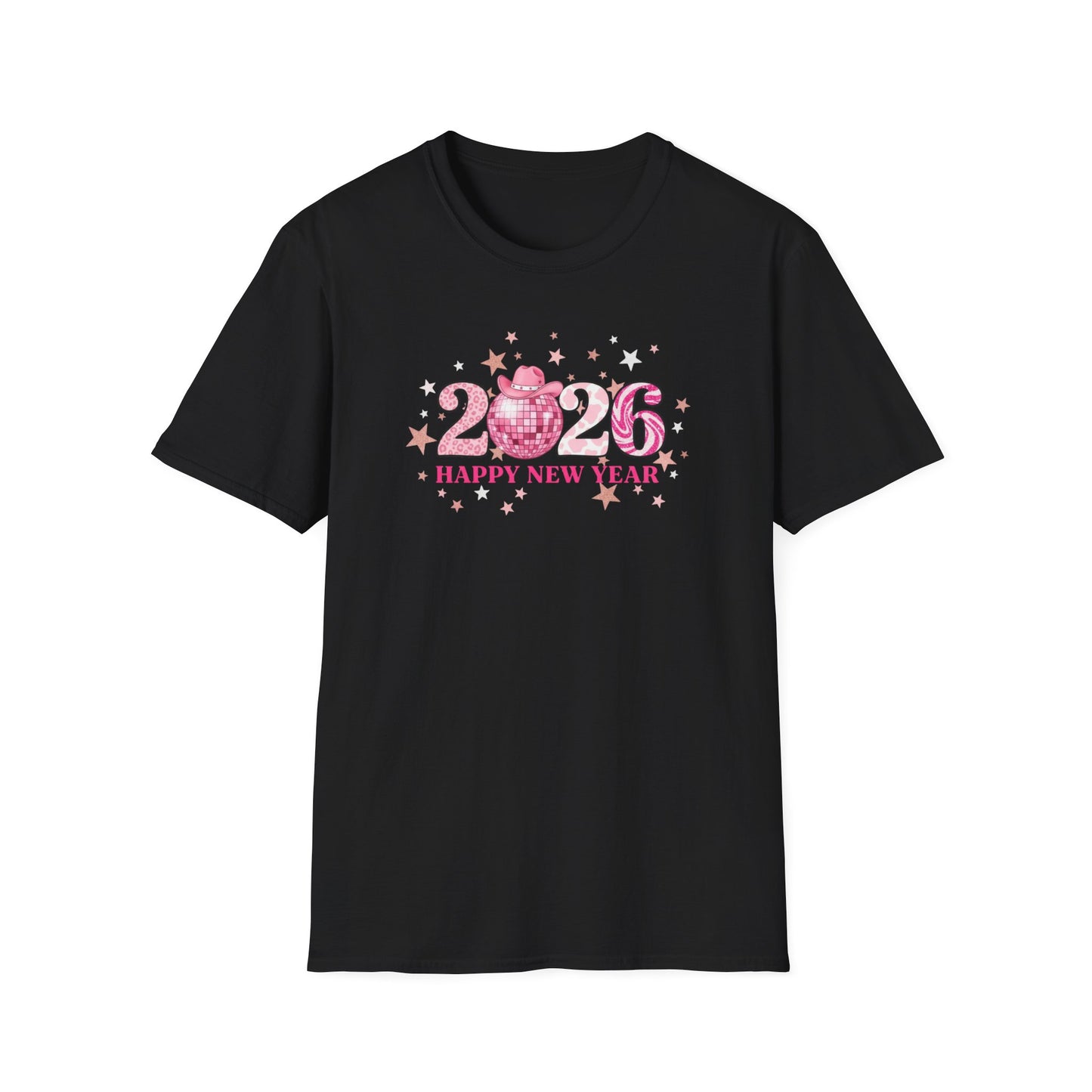 Happy New Year 2026 Pink Disco Cowgirl T-Shirt – Western New Year Shirt, Cute Pink 2026 Tee with Cowboy Hat & Stars, NYE Party Graphic Top