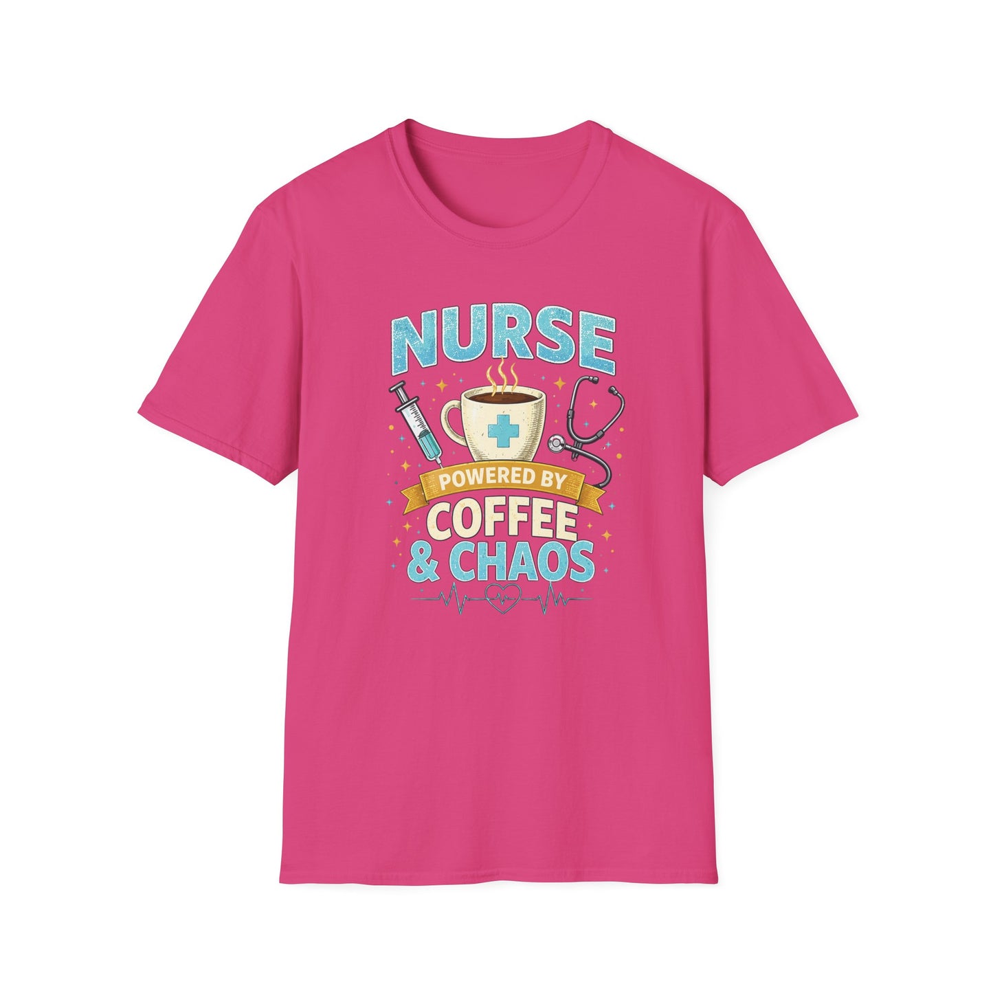 Nurse Powered by Coffee & Chaos Shirt, Funny Nurse Tee, RN CNA Gift, Nurse Life Graphic T-Shirt, Medical Worker Gift, Cute Nursing Shirt for Women Men