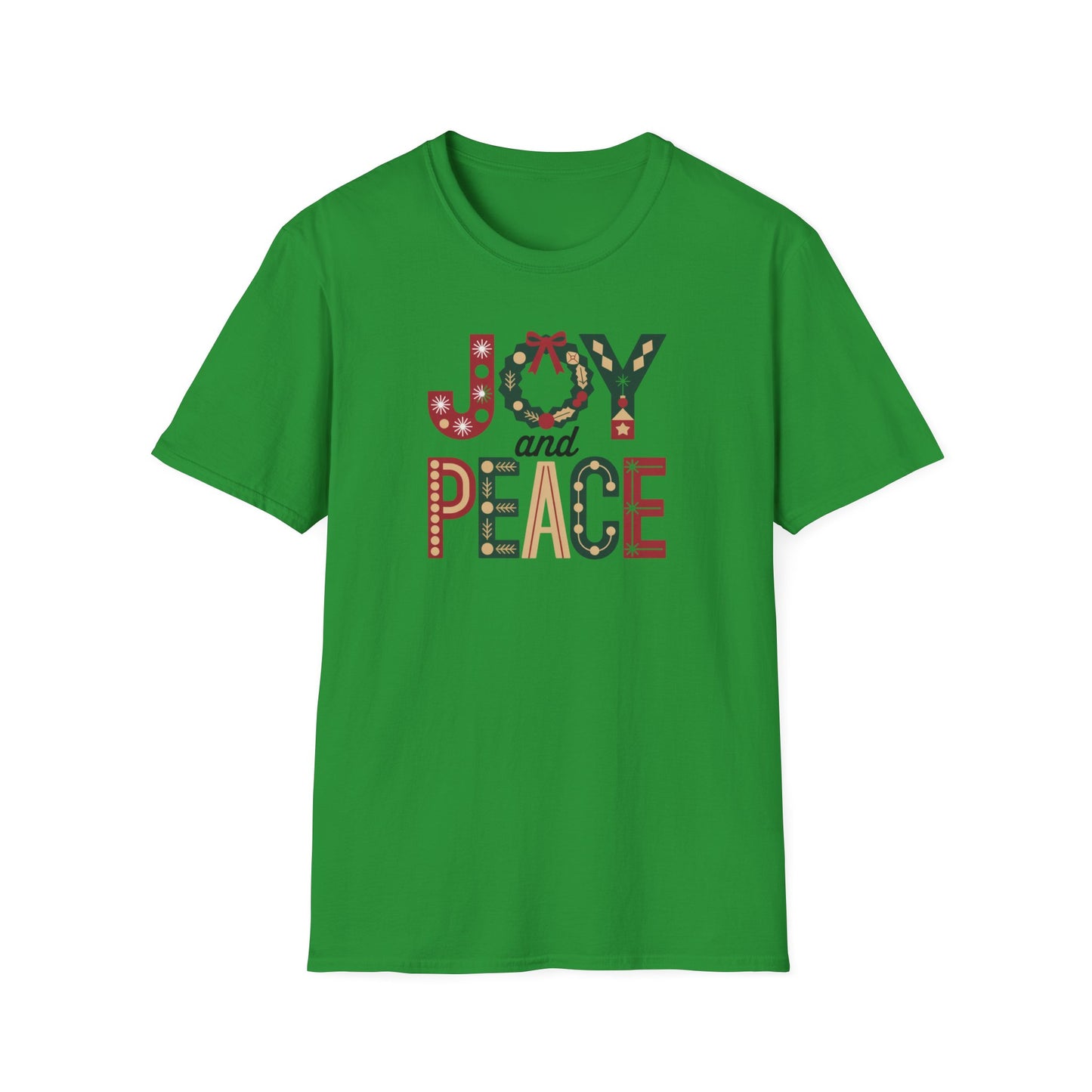 Joy and Peace Christmas T-Shirt – Festive Holiday Typography Tee with Wreath Design, Inspirational Christmas Shirt