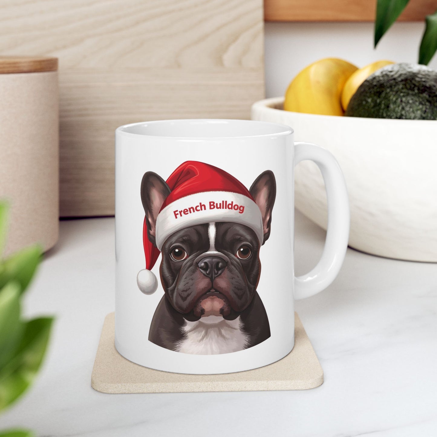 French Bulldog Dog Holiday Portrait Mug – Cute Holiday Coffee Cup, Festive Bulldog Dog Ceramic Mug, Christmas Gift Idea (11oz/15oz)