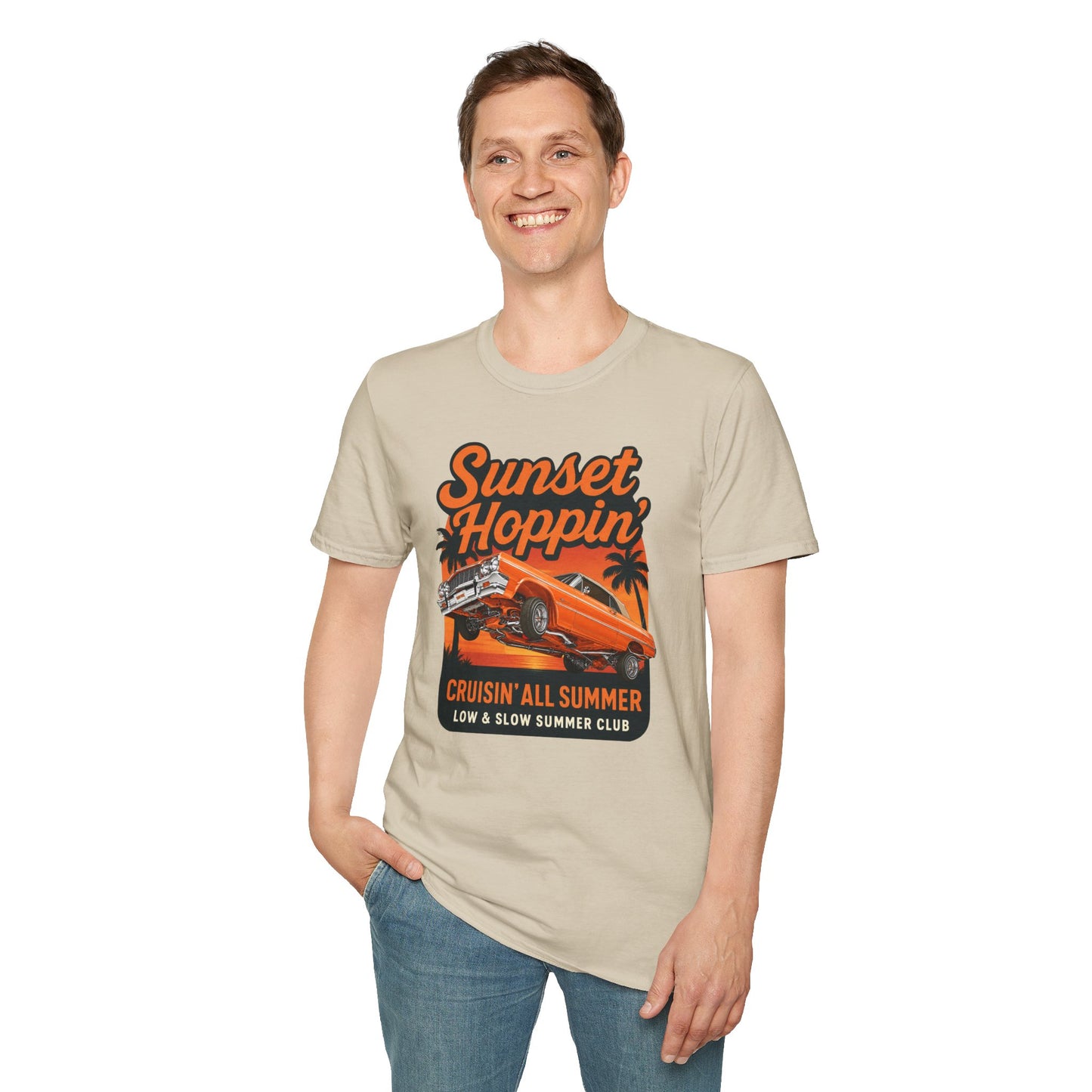 Lowrider Summer Shirt, Sunset Hoppin Tee, Cruisin All Summer Graphic Shirt, Low and Slow Car Tee, Unisex Car Lover Gift