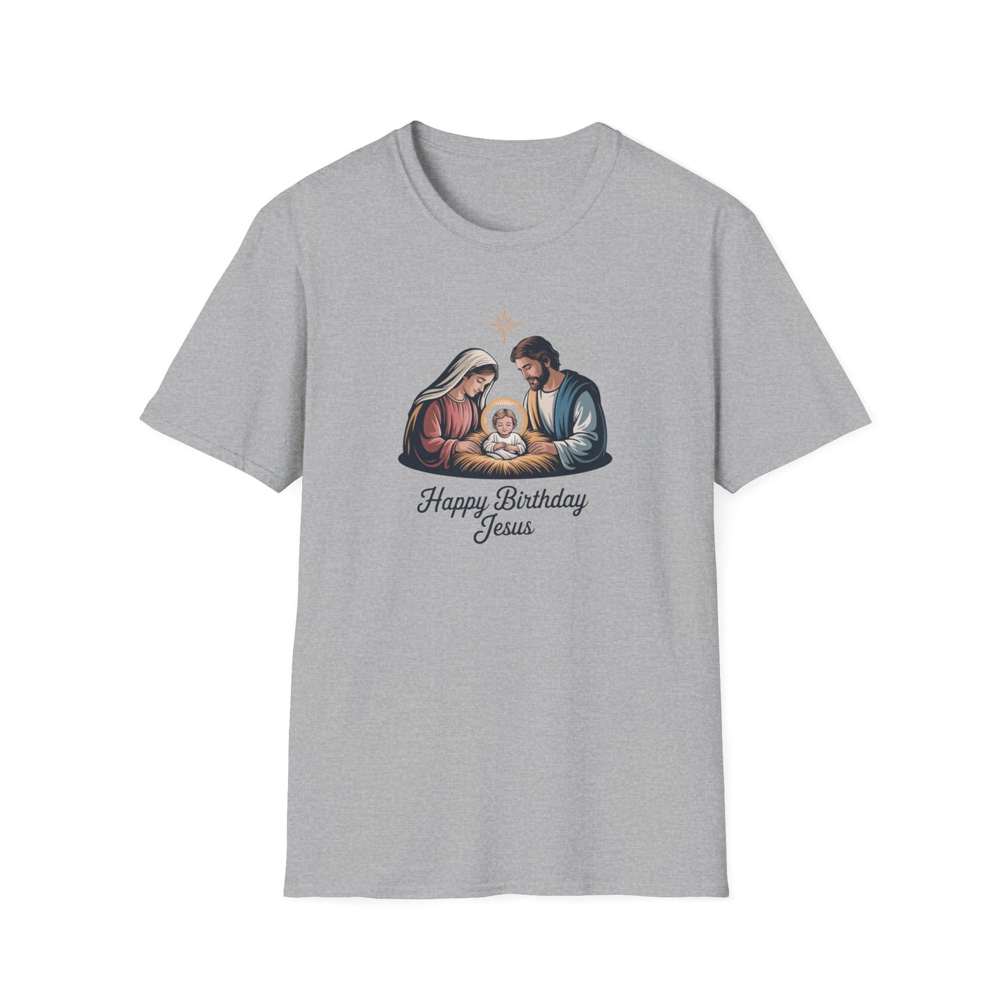 Happy Birthday Jesus Nativity T-Shirt – Christian Christmas Shirt with Mary Joseph & Baby Jesus, Faith Holiday Tee