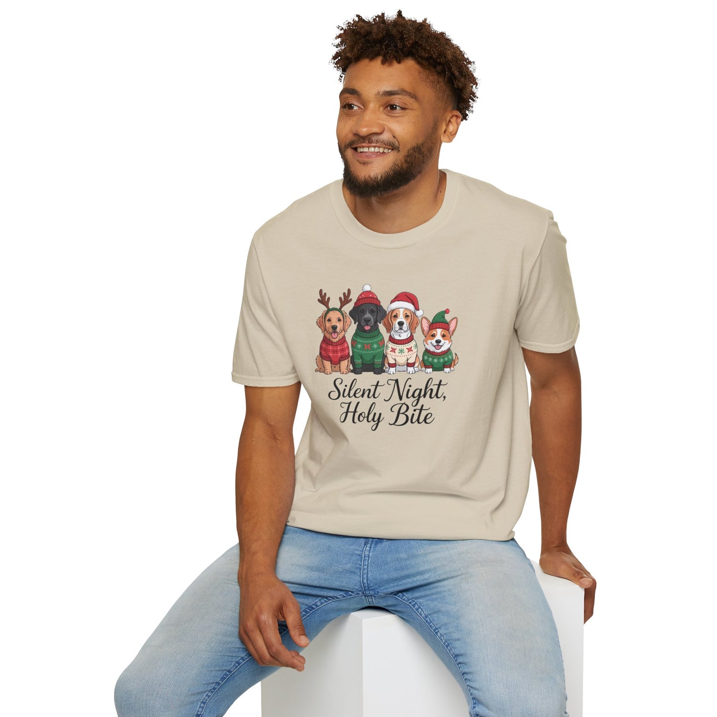 Silent Night Holy Bite Christmas Dog T-Shirt – Cute Holiday Puppy Sweater Tee, Funny Christmas Dog Lover Shirt