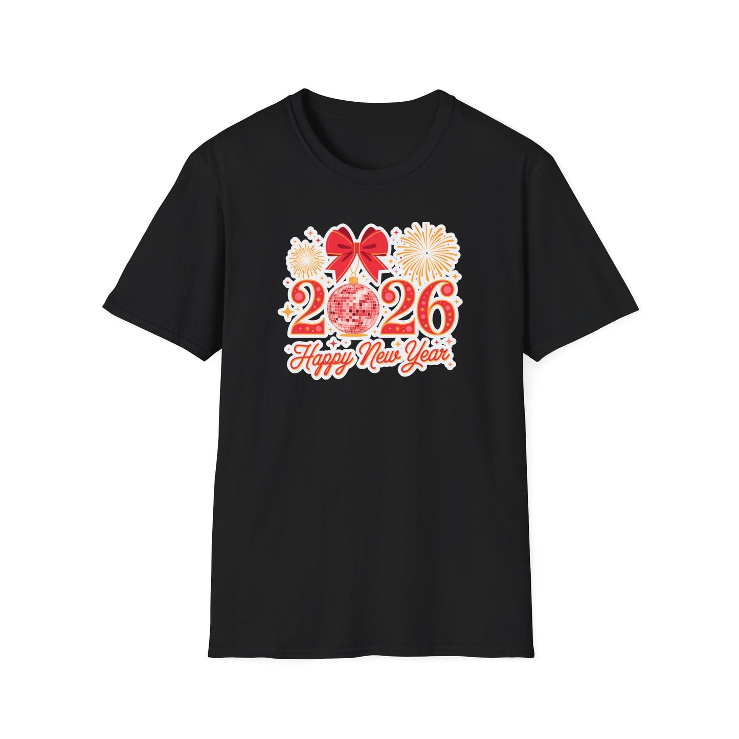 Happy New Year 2026 T-Shirt – Red & Gold Disco Ball New Year Shirt, Festive Bow and Fireworks 2026 NYE Tee, Holiday Celebration Party Top