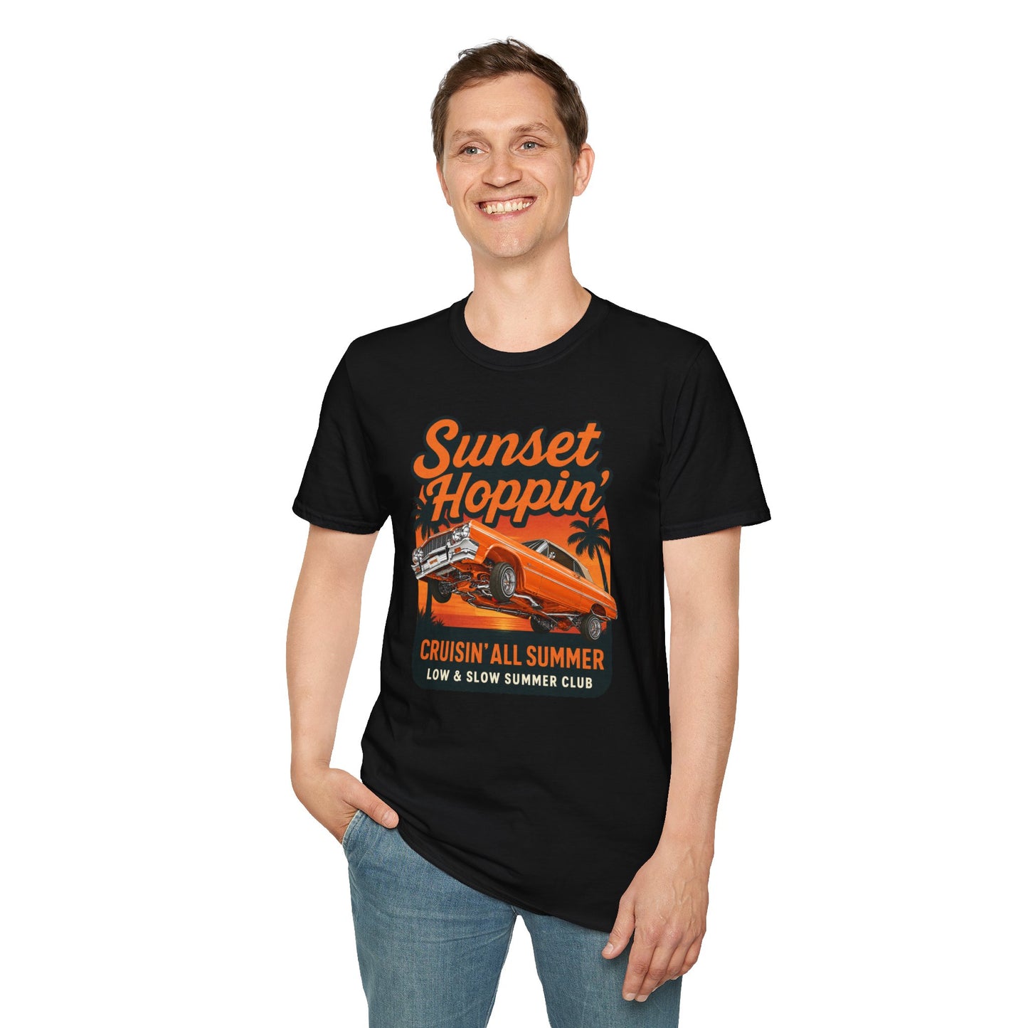 Lowrider Summer Shirt, Sunset Hoppin Tee, Cruisin All Summer Graphic Shirt, Low and Slow Car Tee, Unisex Car Lover Gift