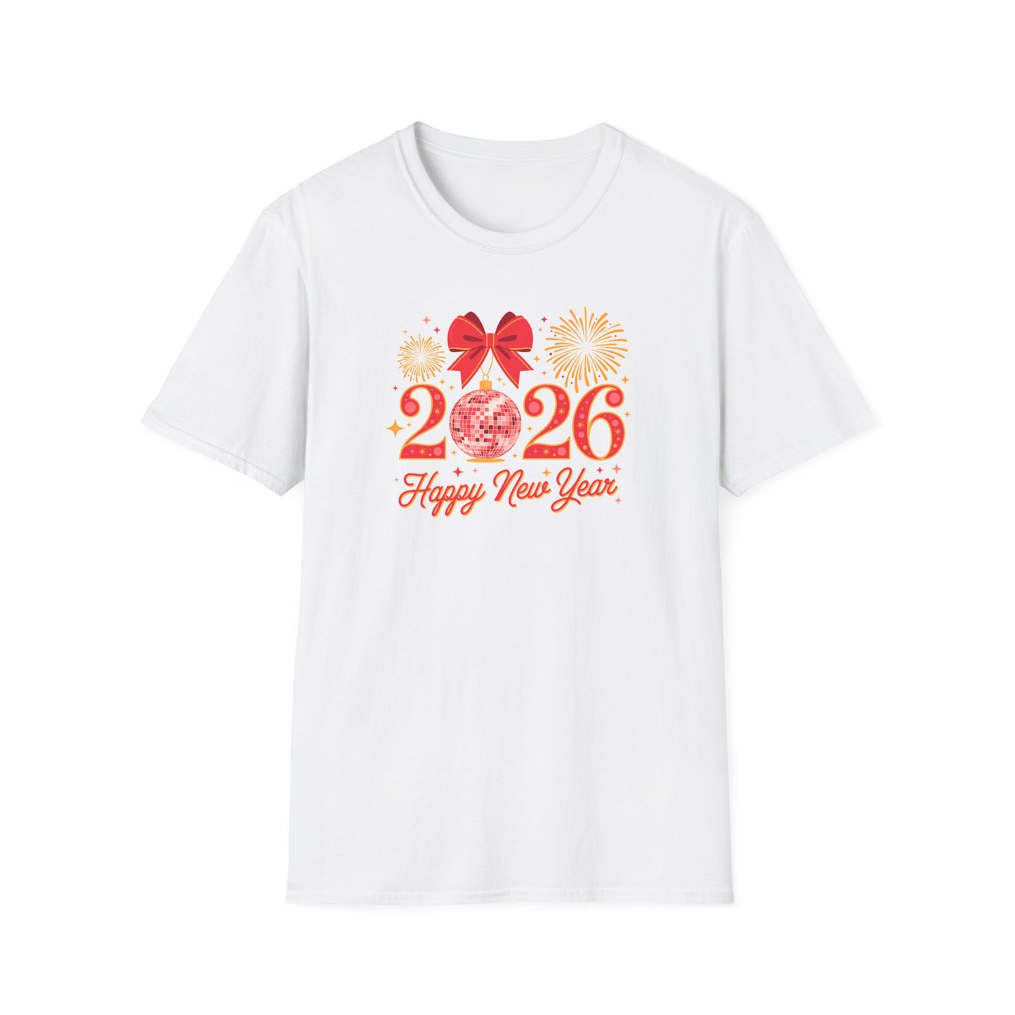 Happy New Year 2026 T-Shirt – Red & Gold Disco Ball New Year Shirt, Festive Bow and Fireworks 2026 NYE Tee, Holiday Celebration Party Top