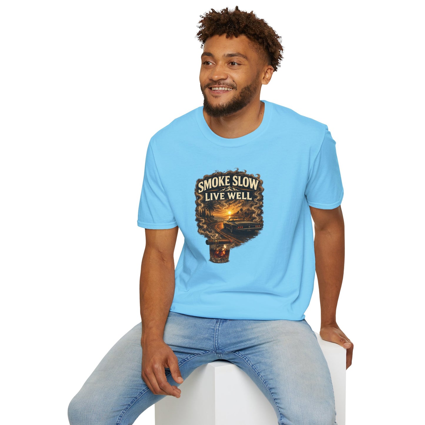 Smoke Slow Live Well Classic Car T-Shirt – Cigar, Whiskey & Sunset Cruise Tee  ⭐ Product Description