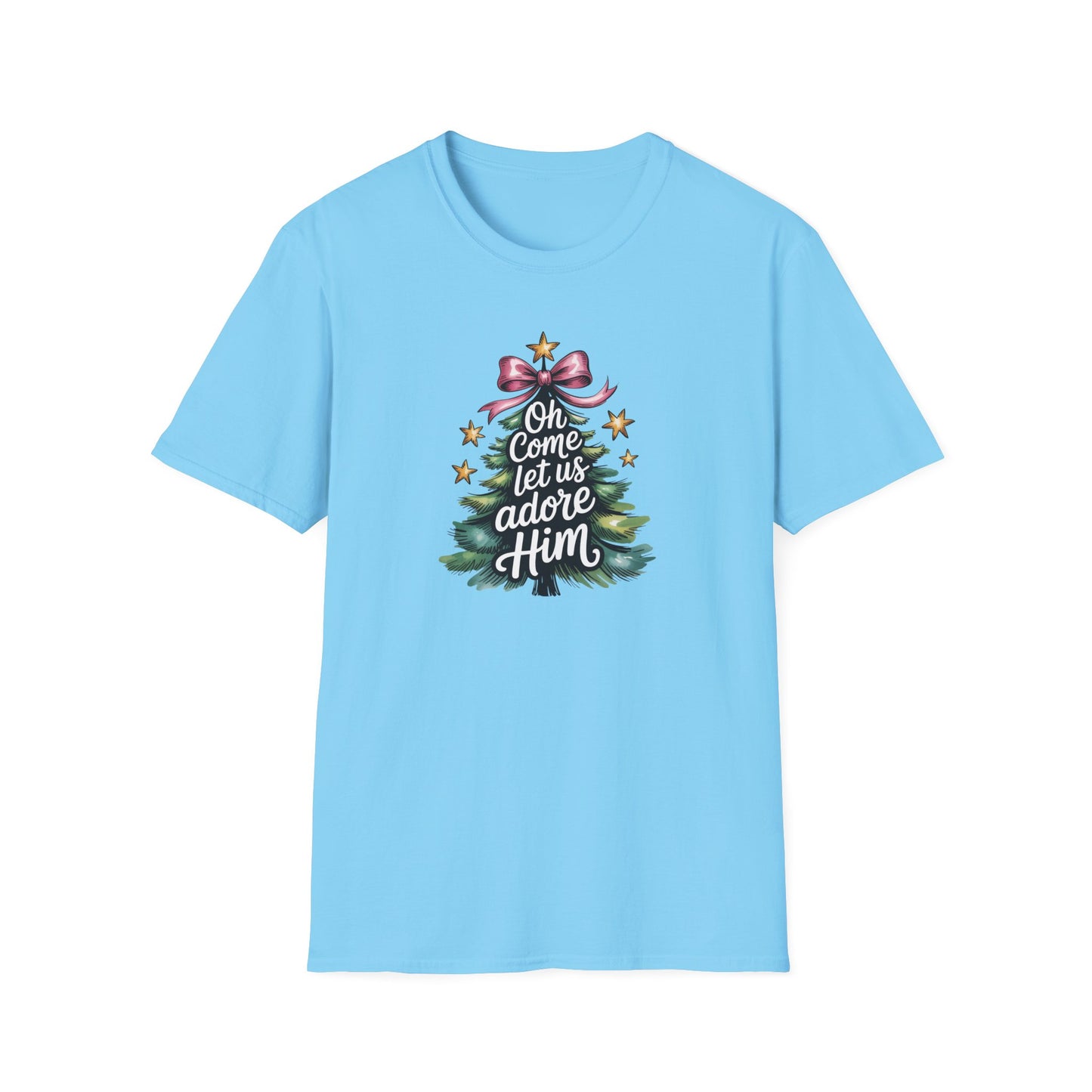 Oh Come Let Us Adore Him Christmas T-Shirt – Christian Holiday Tee with Bow and Christmas Tree Design