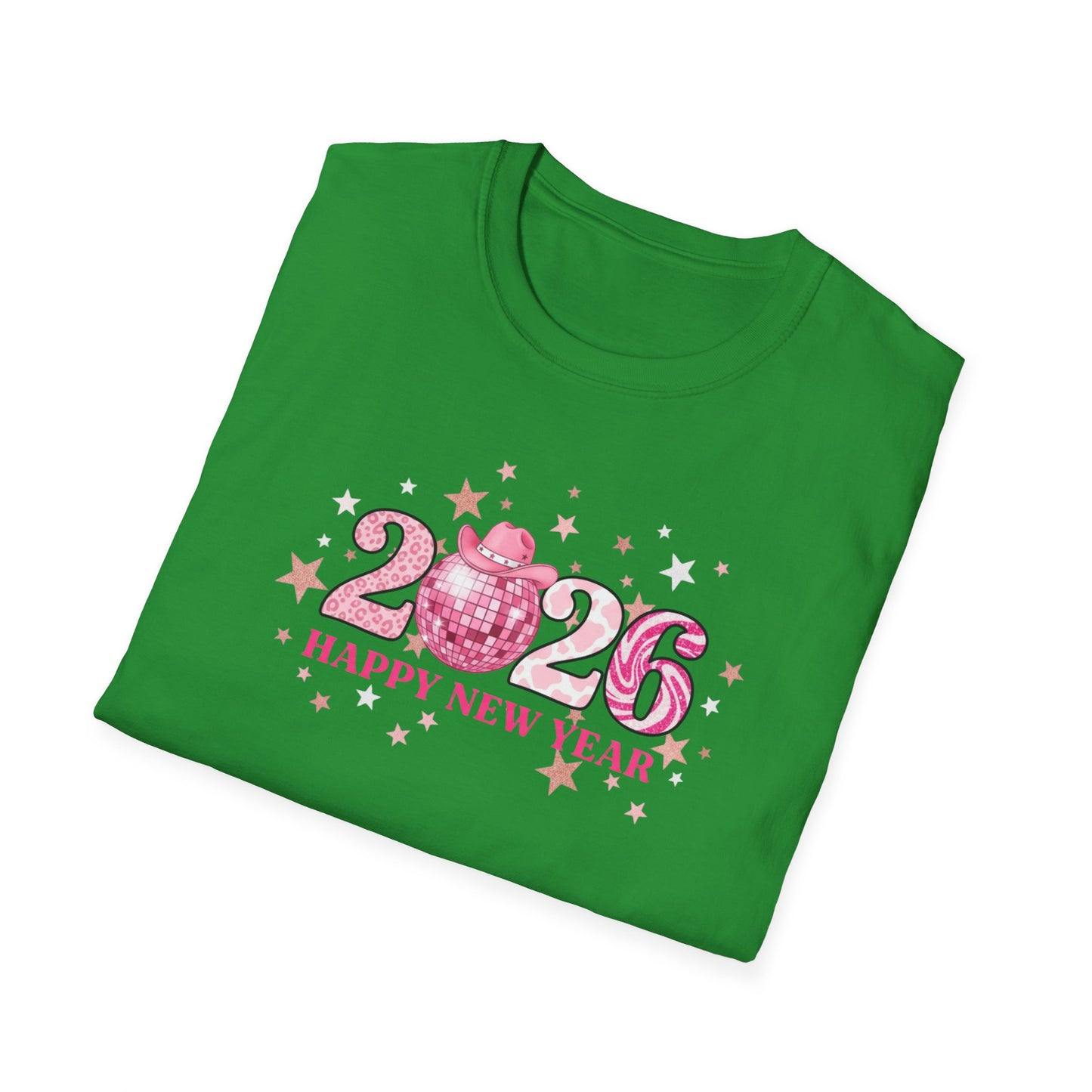 Happy New Year 2026 Pink Disco Cowgirl T-Shirt – Western New Year Shirt, Cute Pink 2026 Tee with Cowboy Hat & Stars, NYE Party Graphic Top