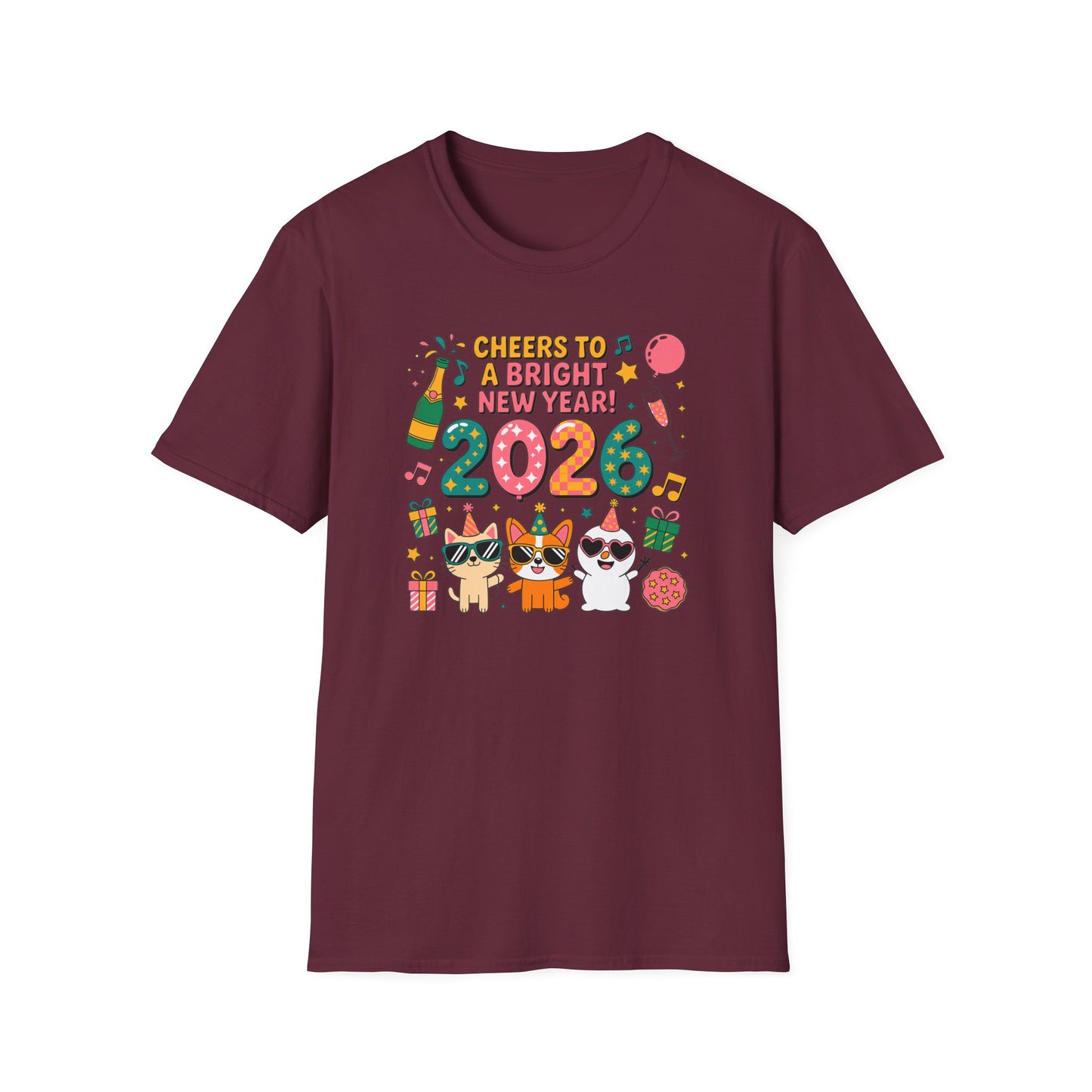 Happy New Year 2026 T-Shirt – Cute Cartoon Cats New Year Shirt, Bright Colorful NYE Party Tee, Fun 2026 Celebration Top for Cat Lovers