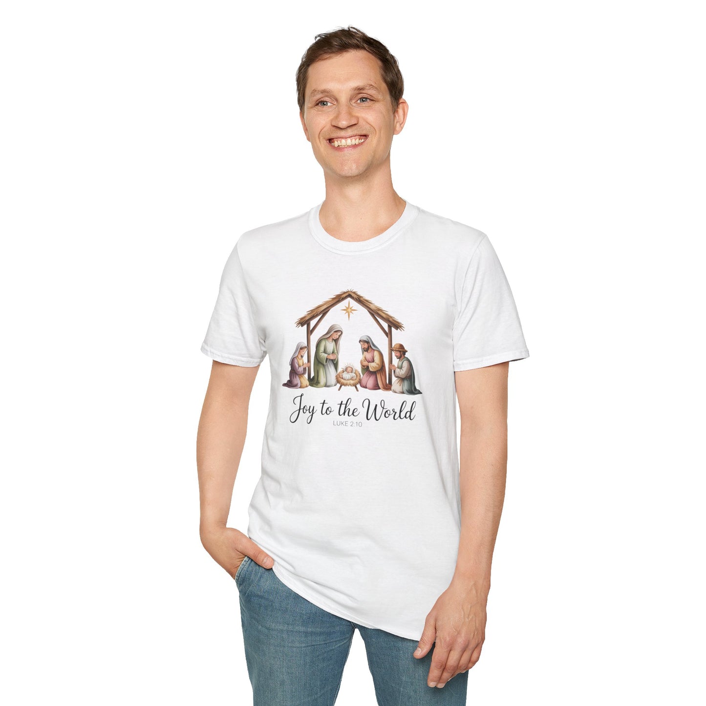 Joy to the World Nativity T-Shirt – Luke 2:10 Christmas Shirt with Holy Family, Christian Holiday Tee
