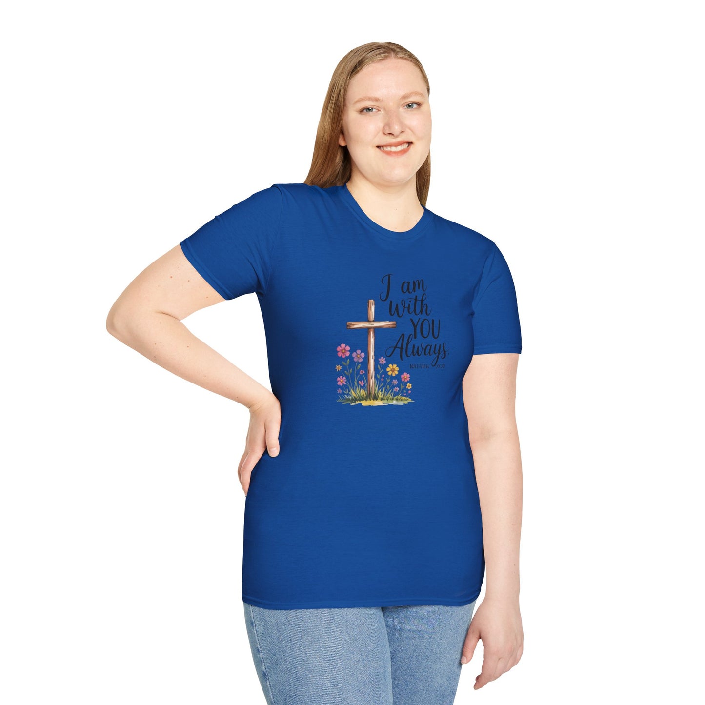 I Am With You Always Christian T-Shirt – Matthew 28:20 Scripture Tee with Cross and Flowers, Faith Inspirational Shirt