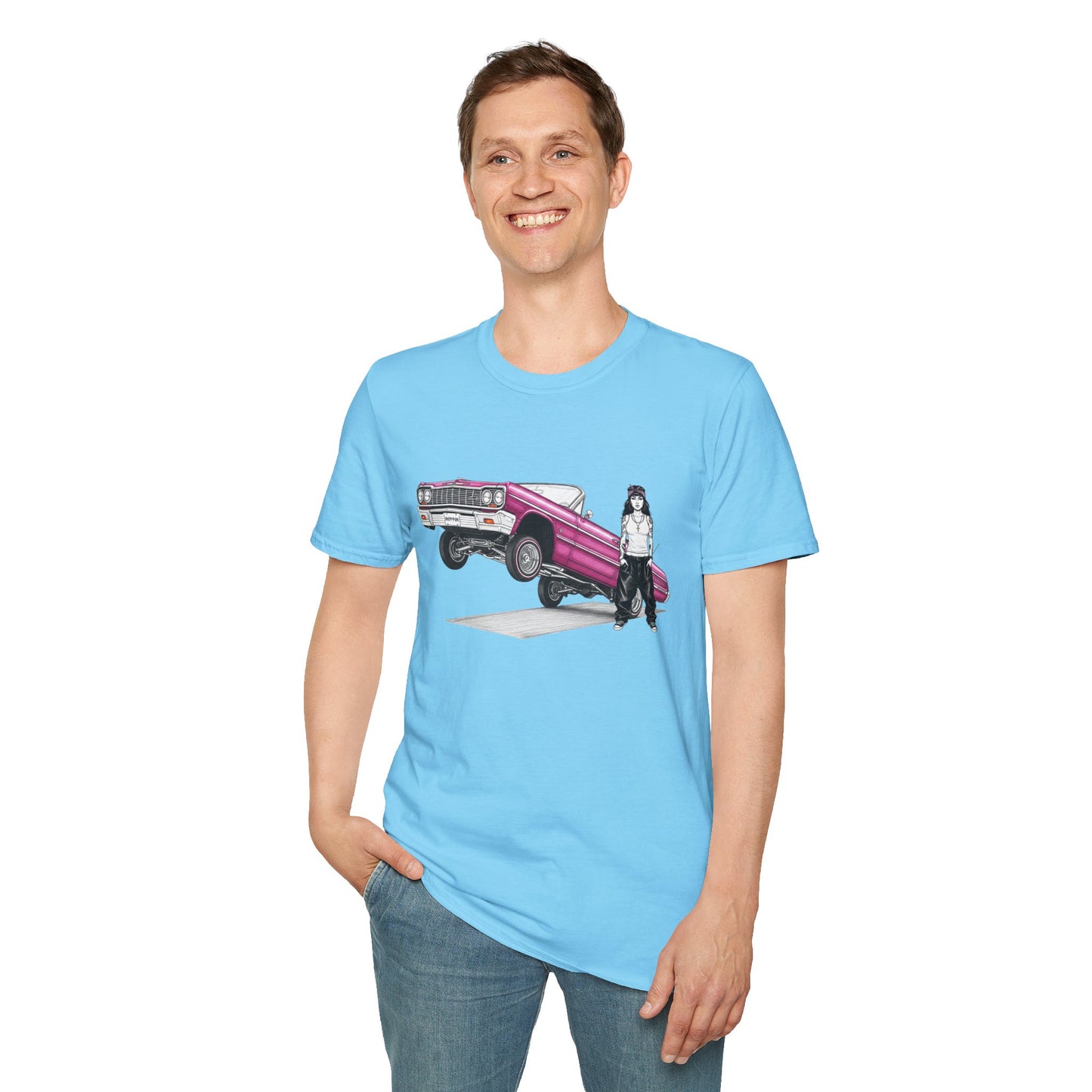 1964 Chevy Impala Hydraulics Lowrider Ink Drawing T-Shirt - Old School Hip Hop Cholo Art Tee Design - Chicano Car Club Graphic Tee