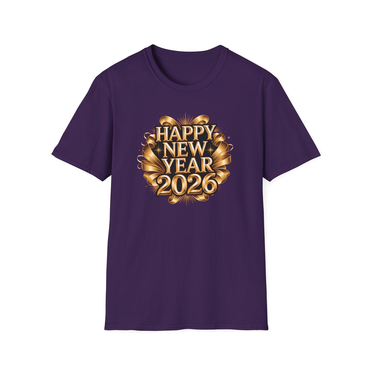 Happy New Year 2026 T-Shirt – Gold Metallic New Year Shirt, Luxury 2026 NYE Celebration Tee with Ribbon Design, Elegant New Year’s Eve Party Top