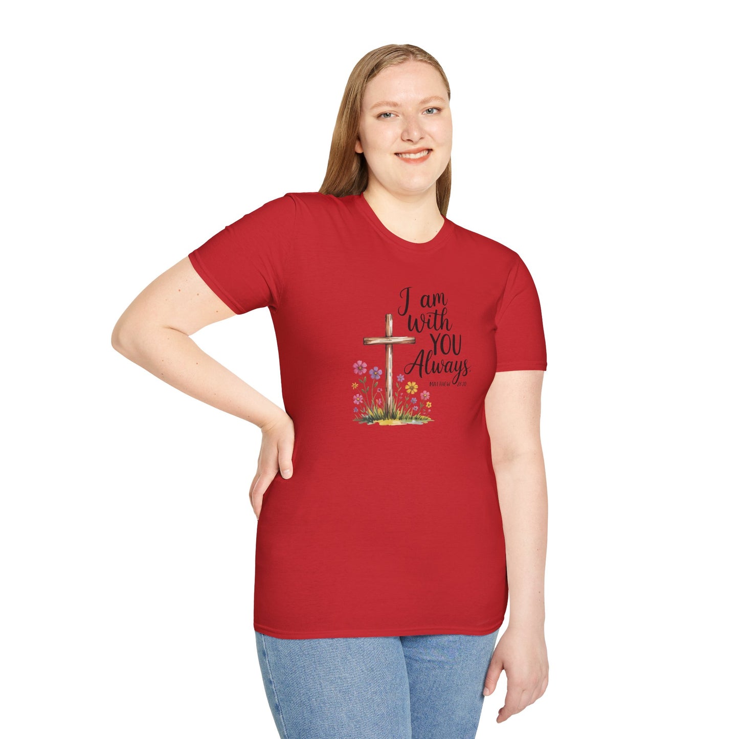I Am With You Always Christian T-Shirt – Matthew 28:20 Scripture Tee with Cross and Flowers, Faith Inspirational Shirt