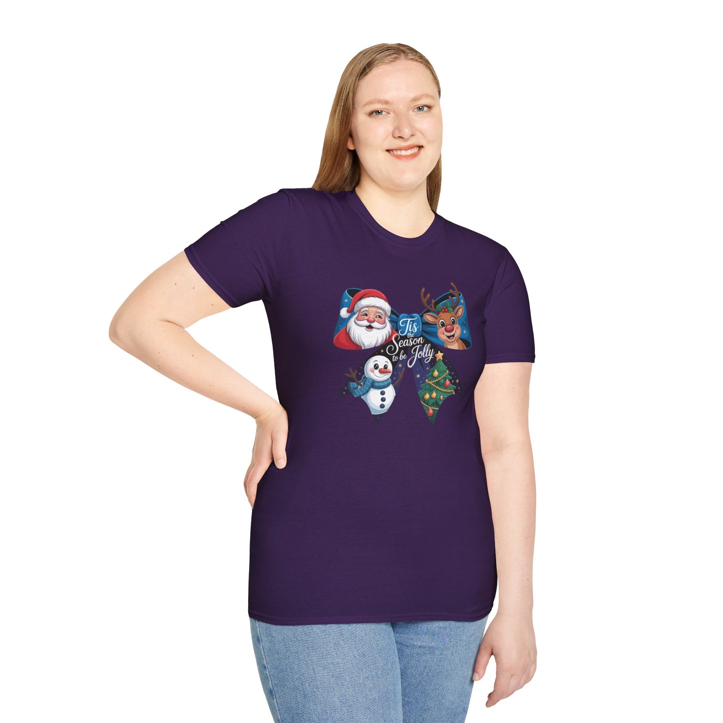 ’Tis the Season to Be Jolly Christmas T-Shirt – Cute Santa Reindeer Snowman & Christmas Tree Bow Holiday Tee