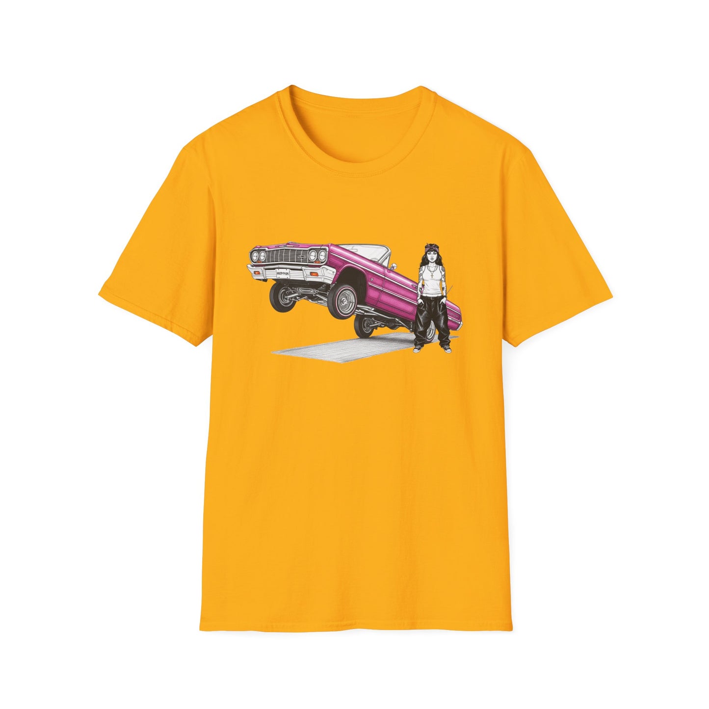 1964 Chevy Impala Hydraulics Lowrider Ink Drawing T-Shirt - Old School Hip Hop Cholo Art Tee Design - Chicano Car Club Graphic Tee