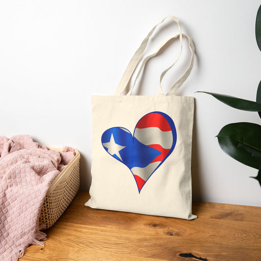 Puerto Rico Flag Heart Tote Bag, Cotton Canvas Grocery Shopping Beach Handbag, Boricua Pride Gift, Patriotic Shoulder Bag
