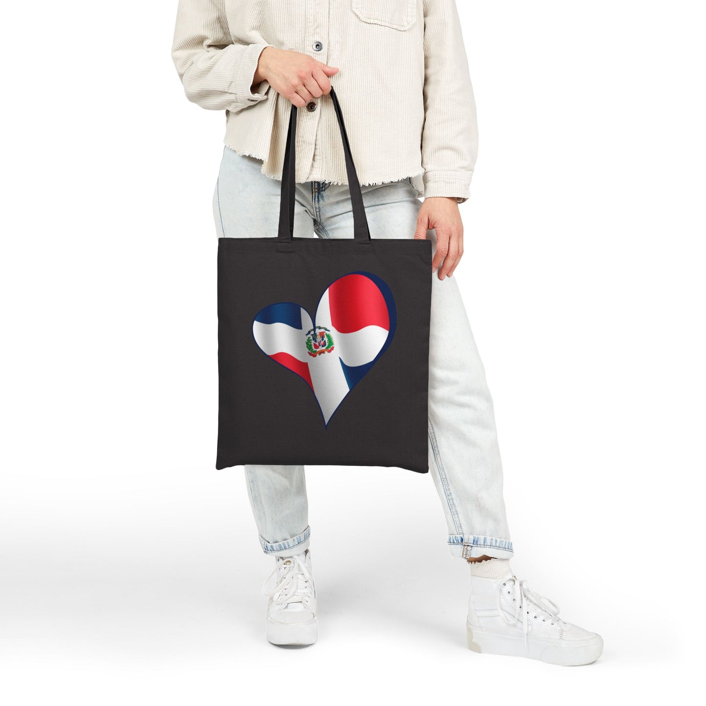 Dominican Republic Flag Heart Tote Bag, Cotton Canvas Grocery Shopping Beach Handbag, Dominican Pride Gift, Patriotic Shoulder Bag